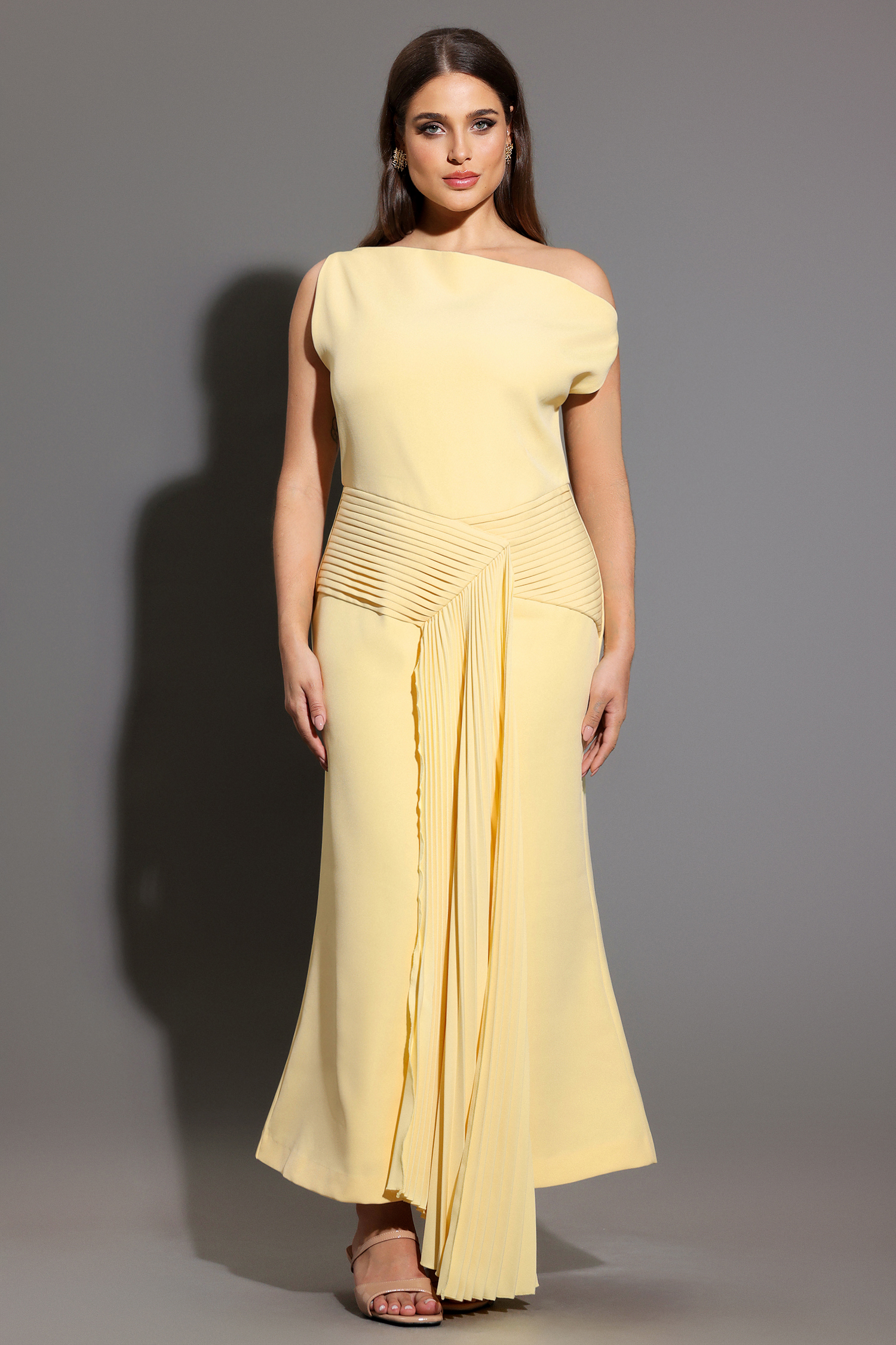 Paulina Oblique Shoulder Sleeveless Folds Yellow Midi Dress
