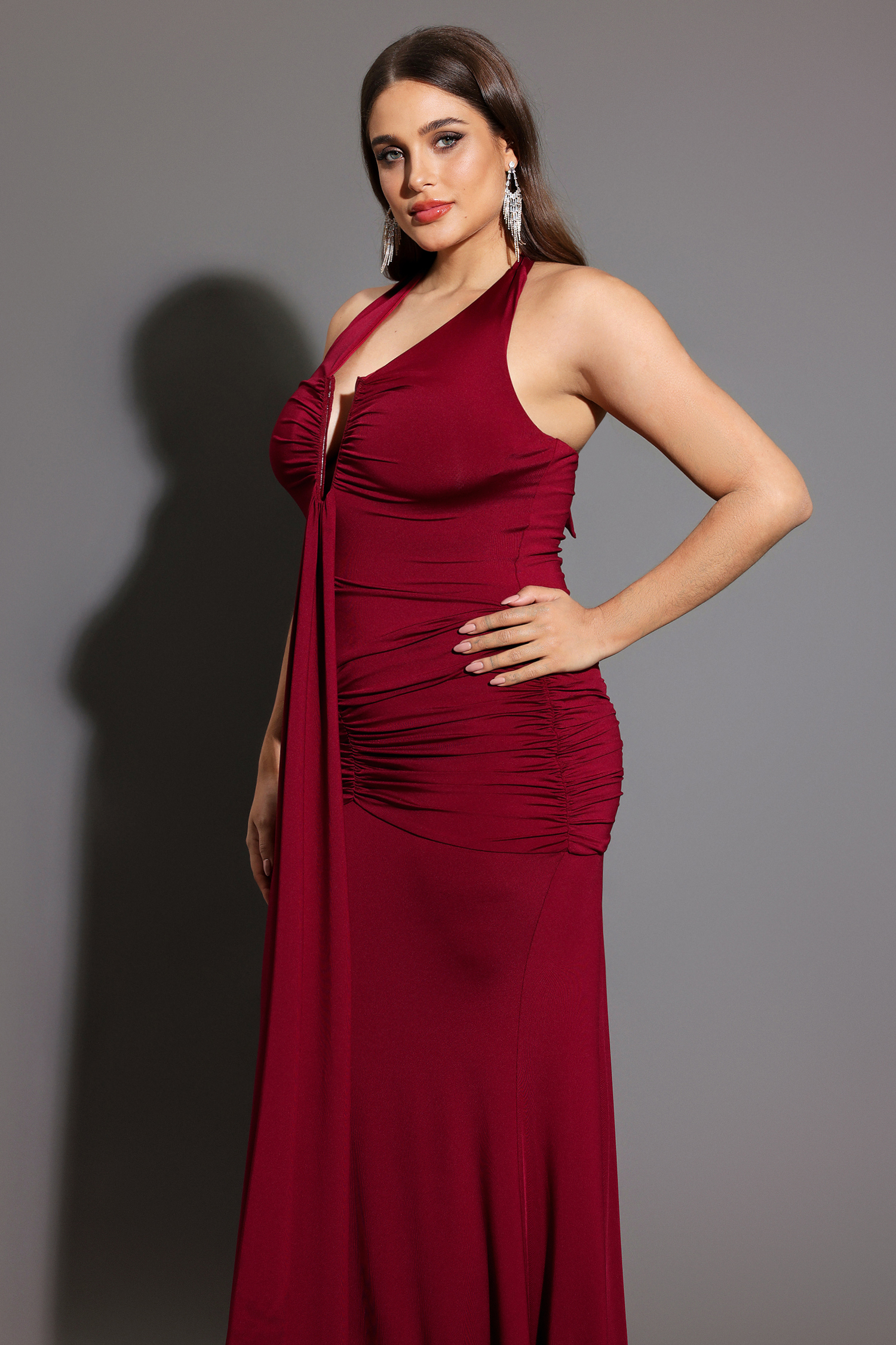 Elsie Halter Sleeveless V-Neck Wrinkles Maxi Dress