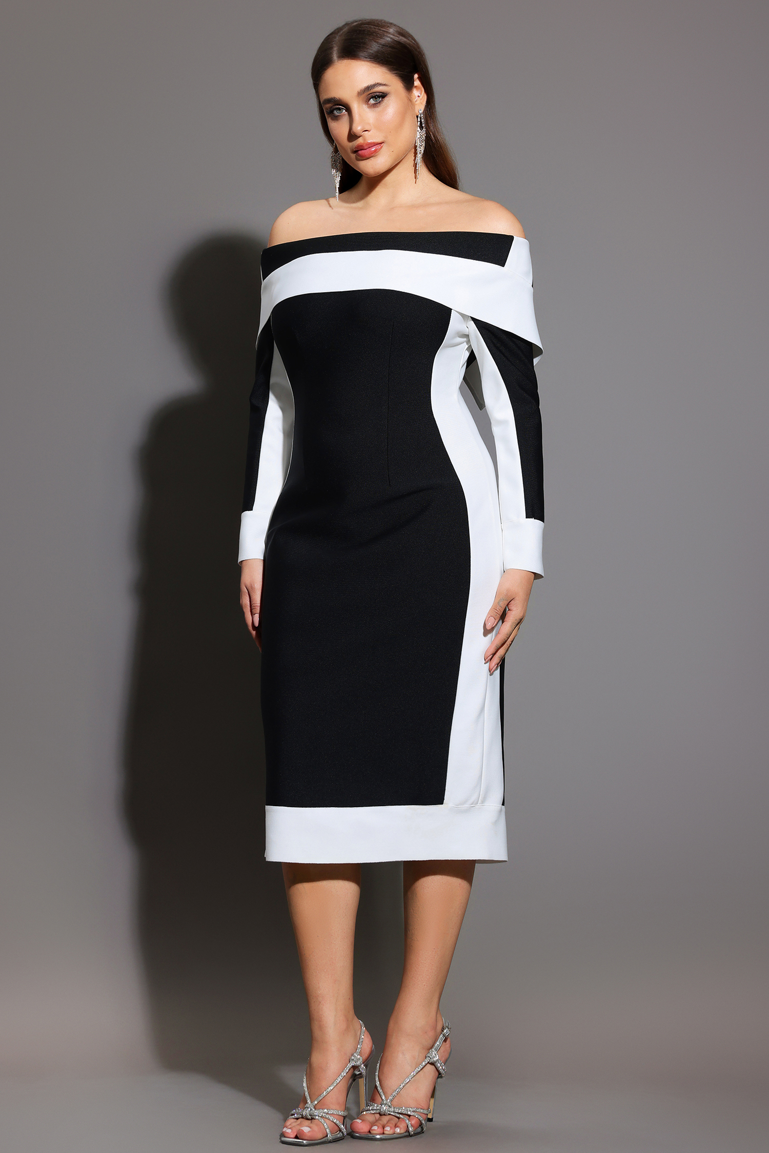 Mattey Off-The-Shoulder Long Sleeves Stripes Bandage Midi Dress