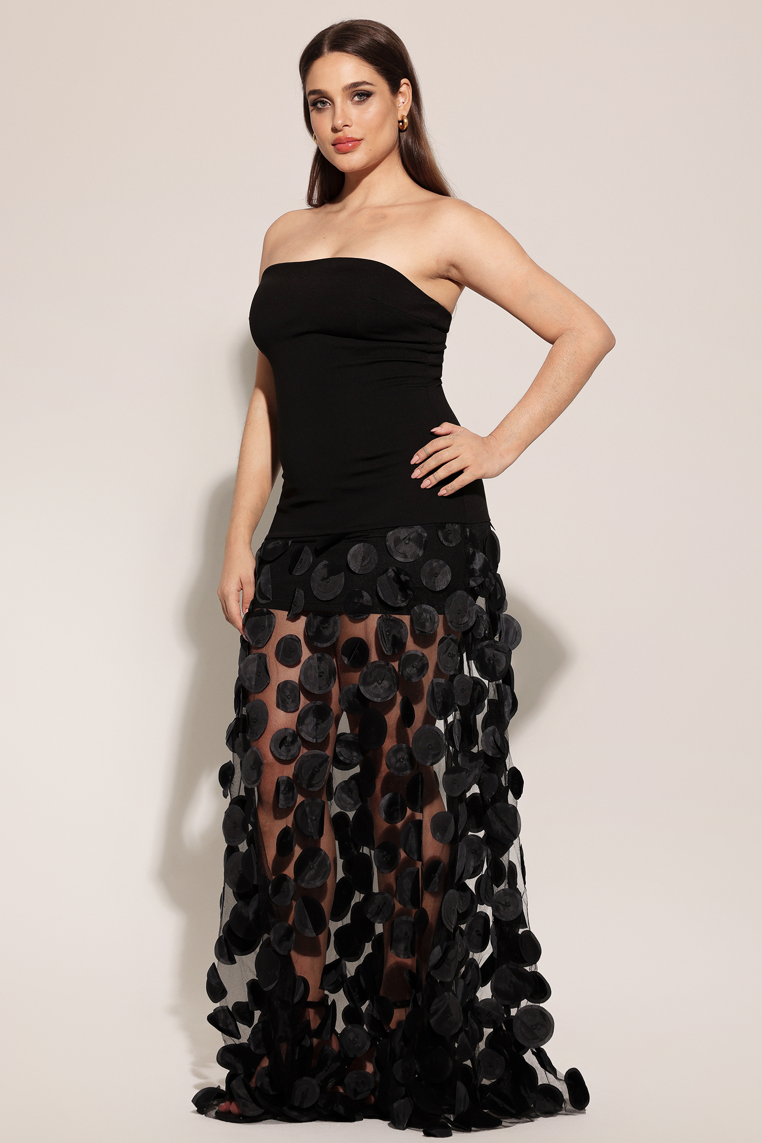 Falzer Sleeveless Netting Wafer Maxi Dress