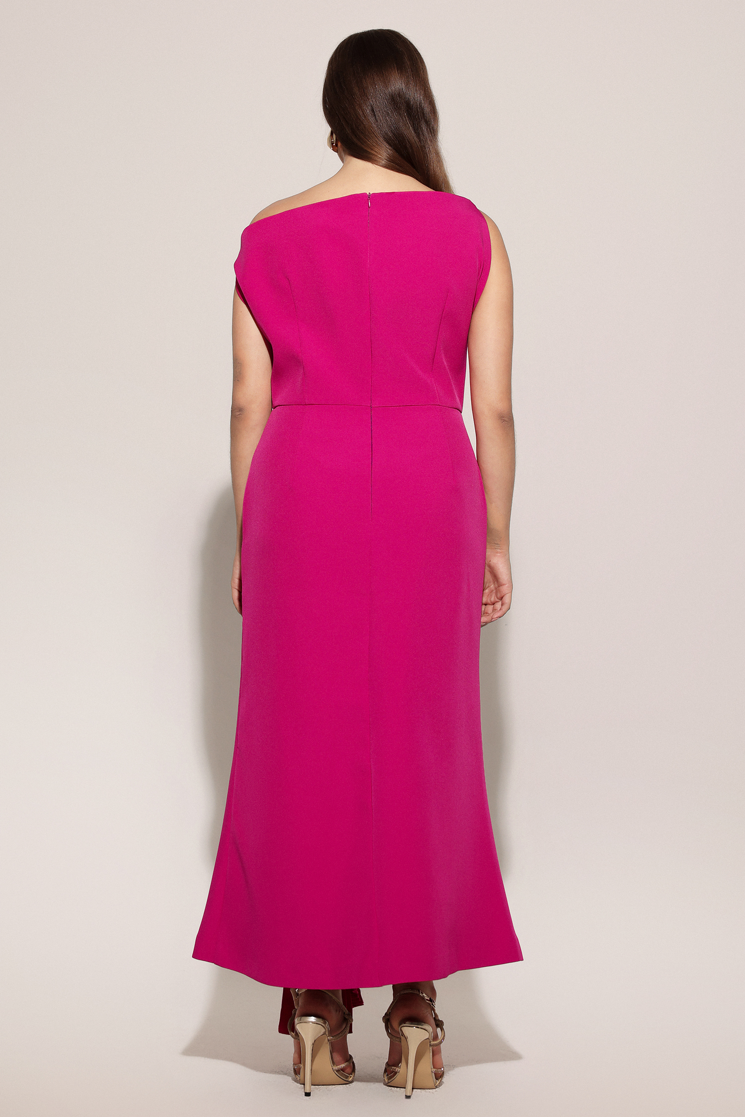 Paulina Oblique Shoulder Sleeveless Folds RosePink Midi Dress