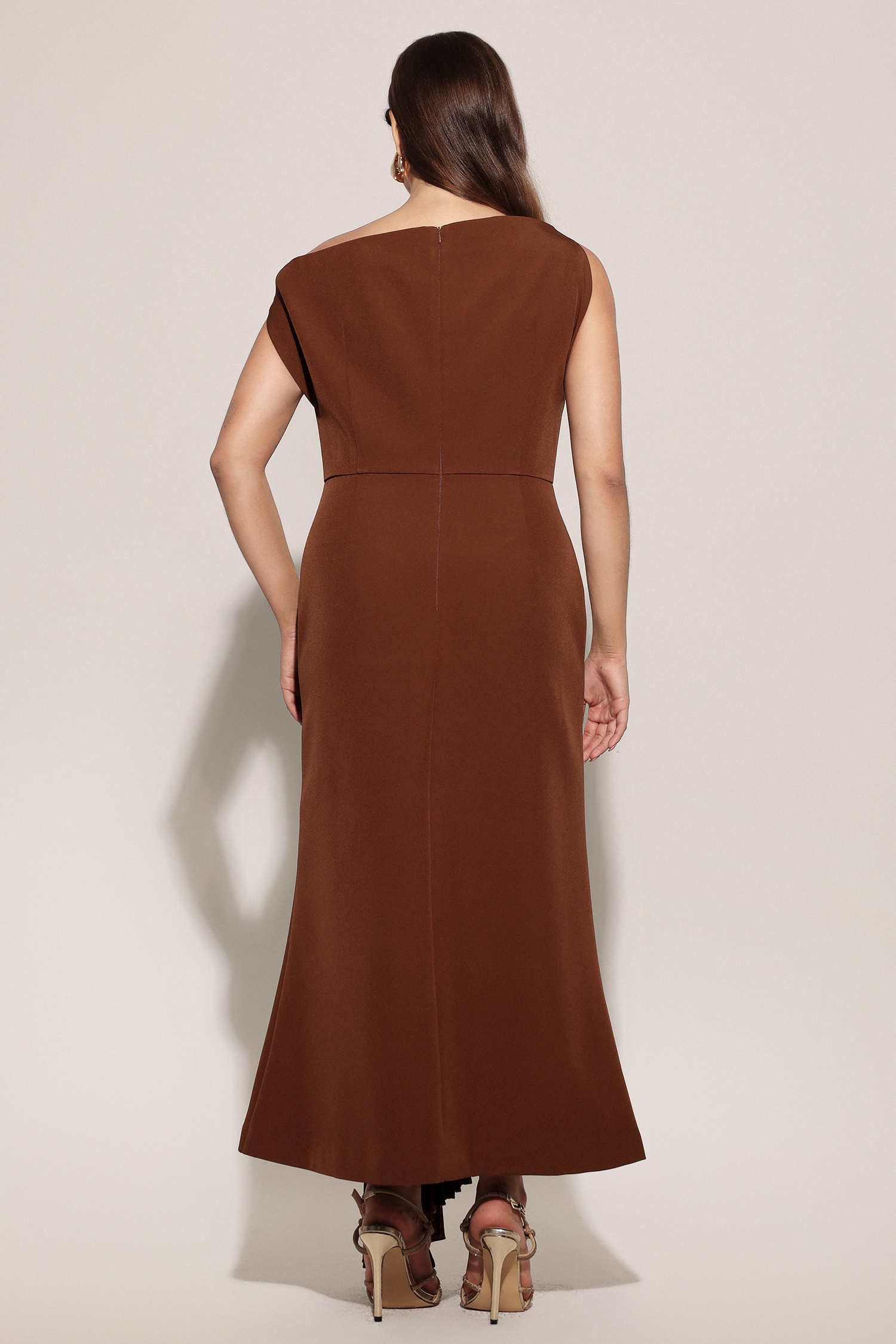 Paulina Oblique Shoulder Sleeveless Folds Brown Midi Dress