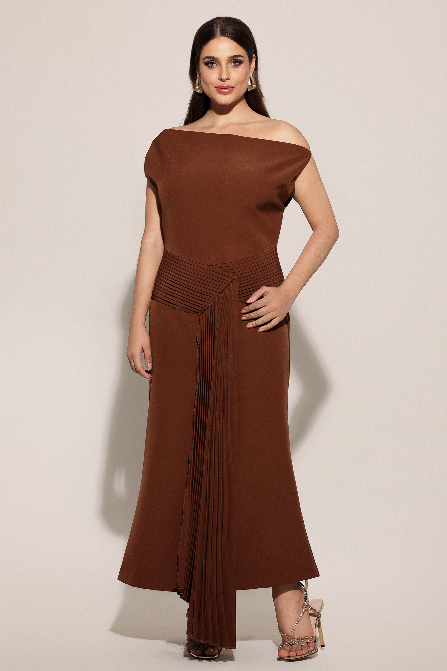 Paulina Oblique Shoulder Sleeveless Folds Brown Midi Dress