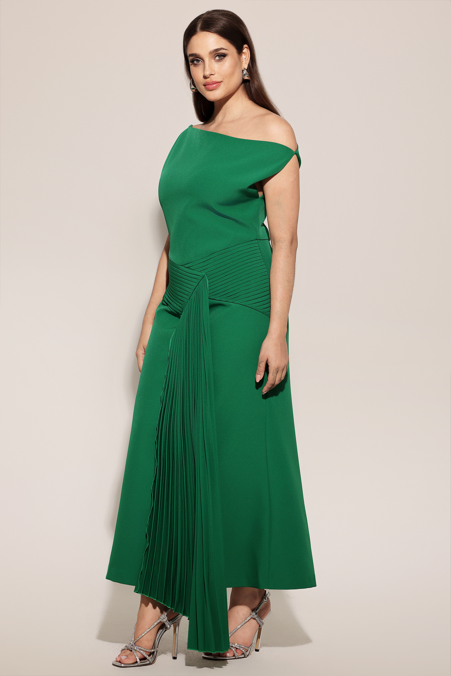 Paulina Oblique Shoulder Sleeveless Folds Green Midi Dress