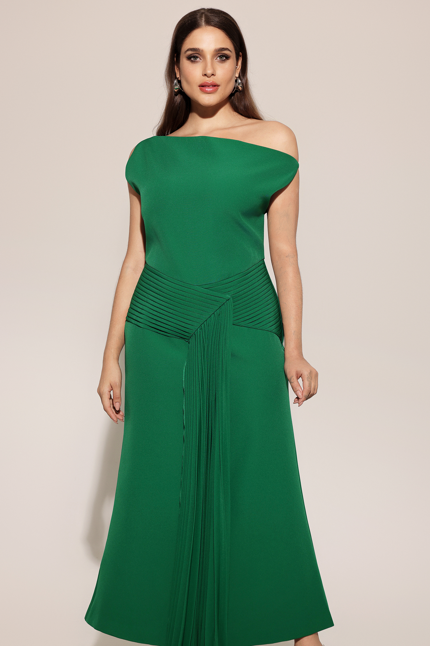 Paulina Oblique Shoulder Sleeveless Folds Green Midi Dress
