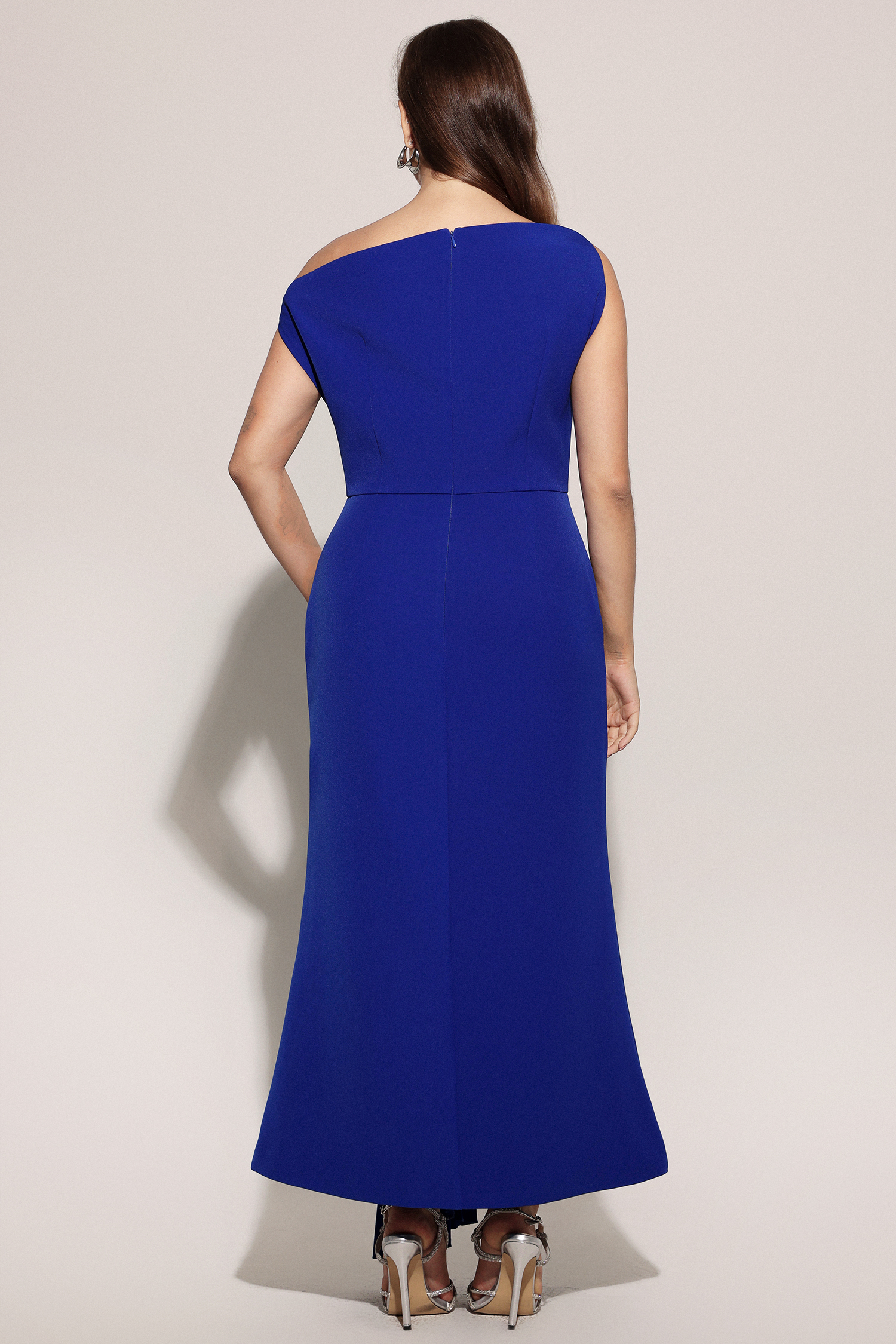 Paulina Oblique Shoulder Sleeveless Folds RoyalBlue Midi Dress