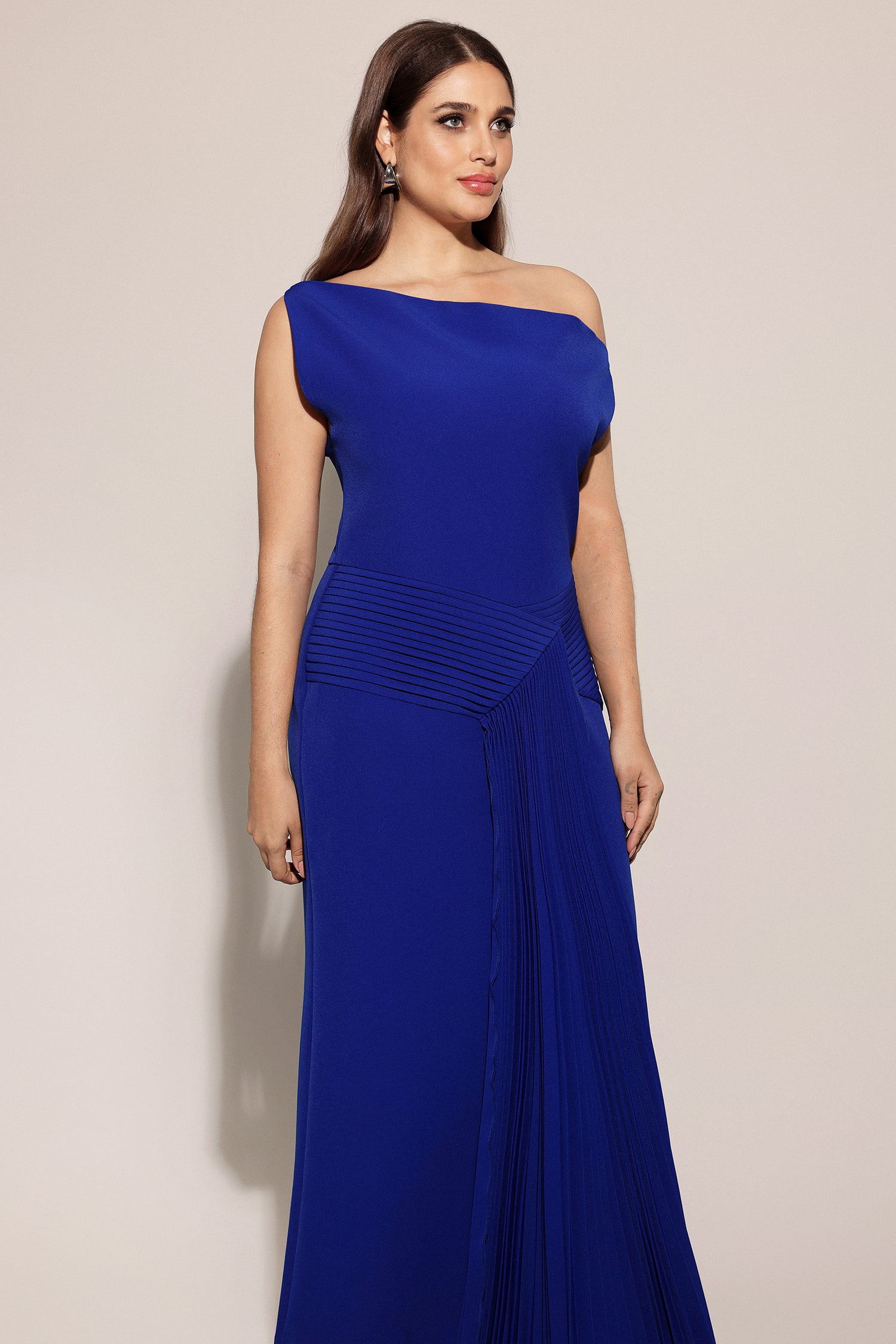 Paulina Oblique Shoulder Sleeveless Folds RoyalBlue Midi Dress