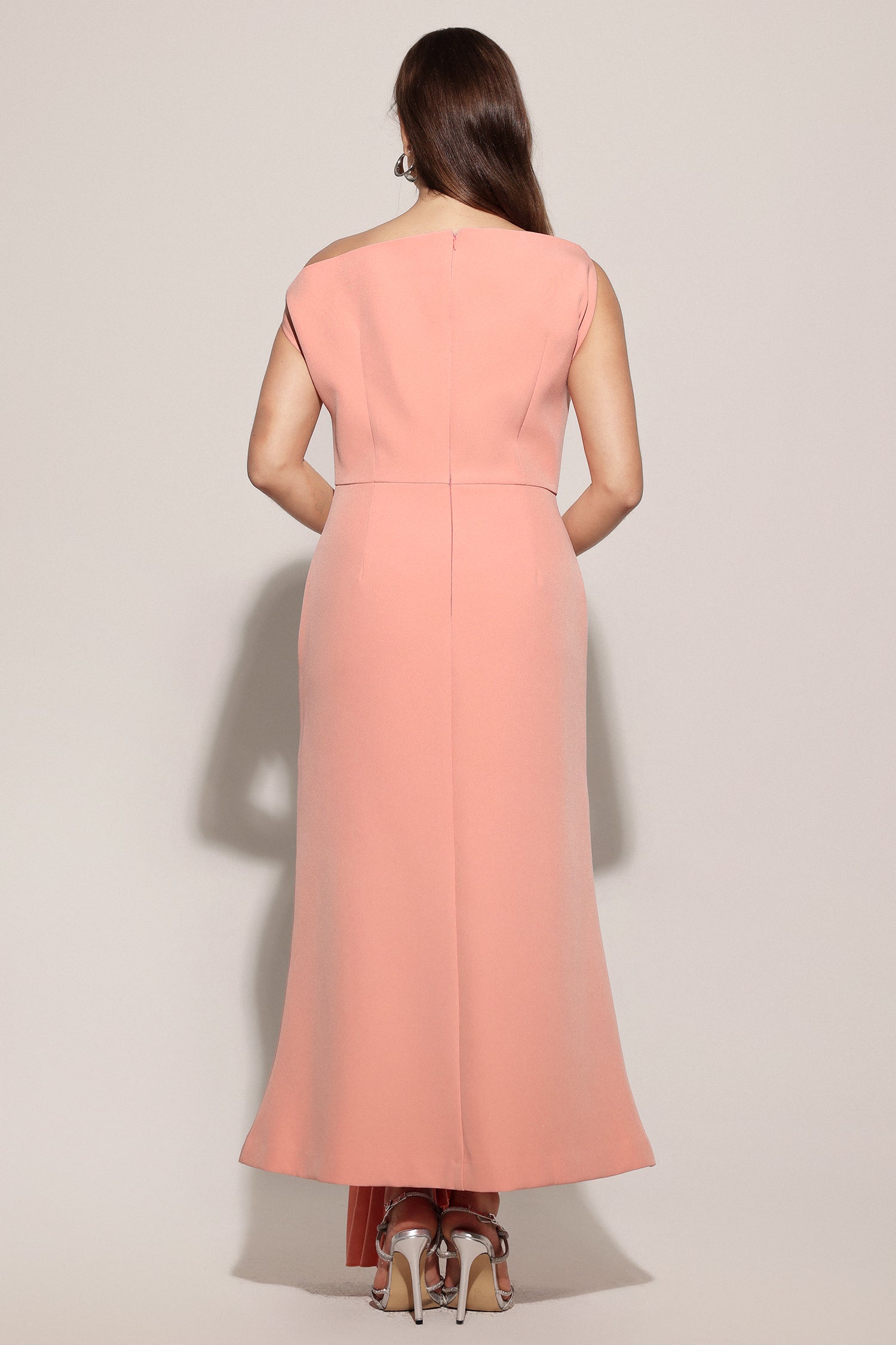 Paulina Oblique Shoulder Sleeveless Folds Pink Midi Dress