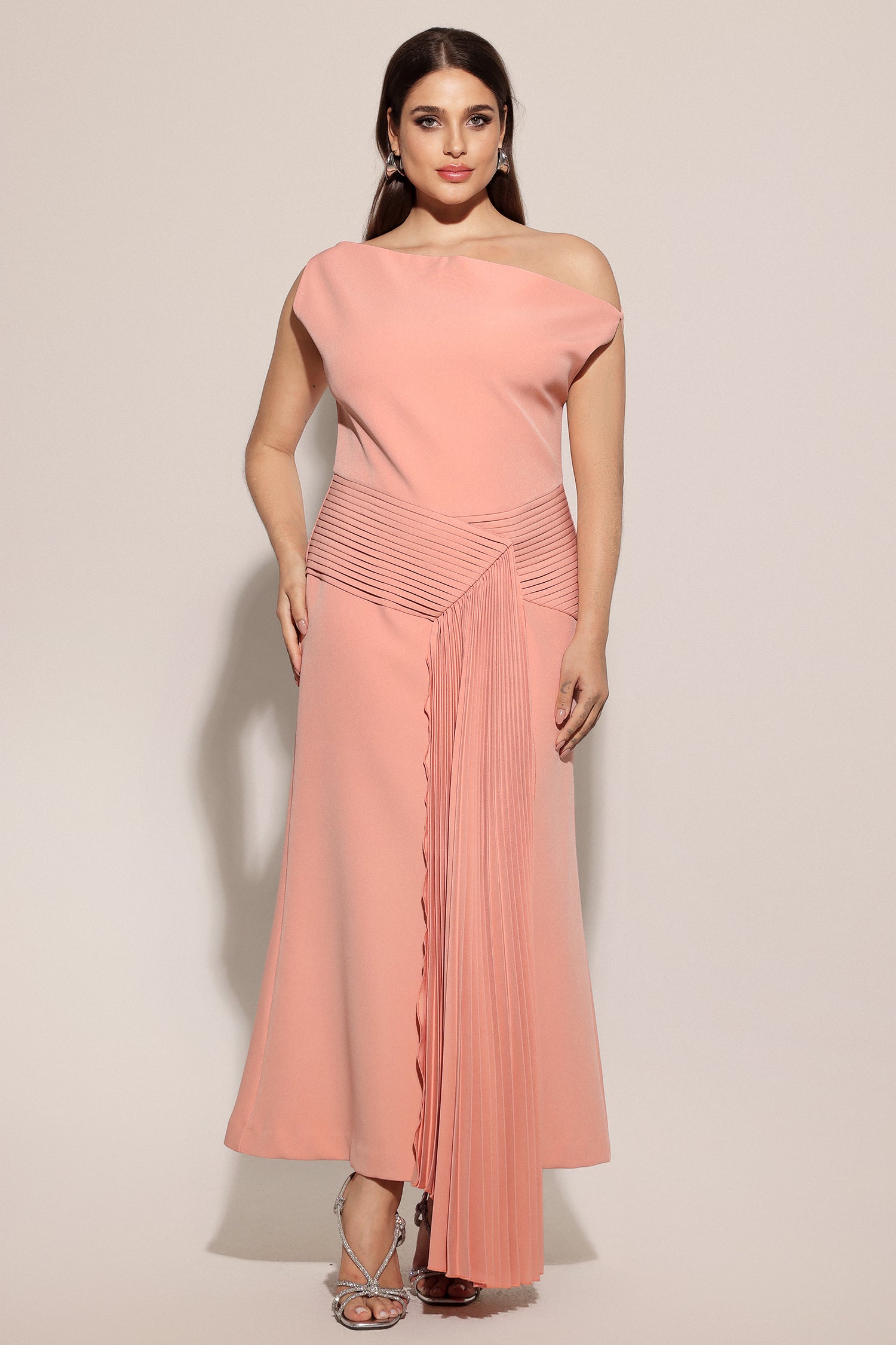 Paulina Oblique Shoulder Sleeveless Folds Pink Midi Dress