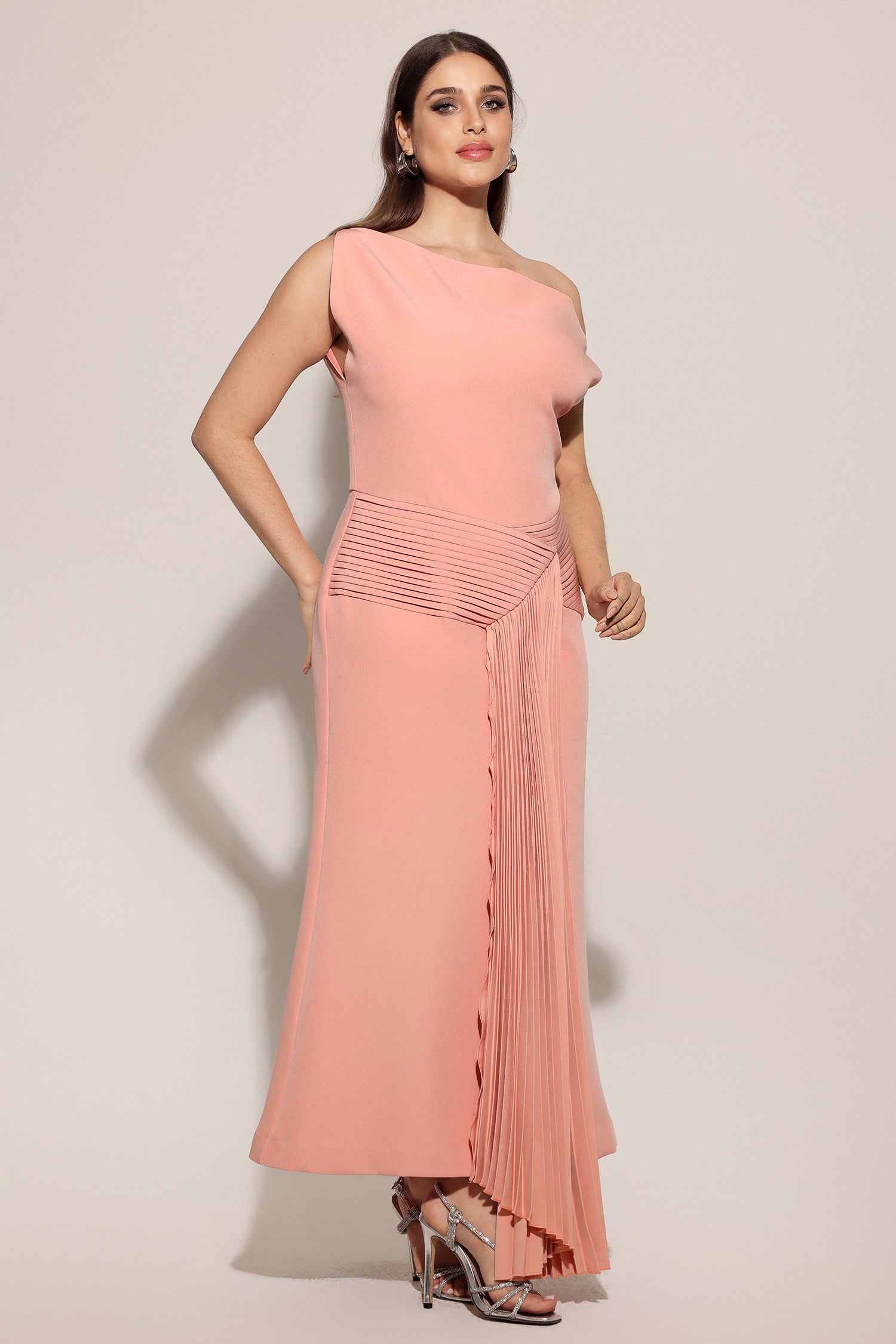 Paulina Oblique Shoulder Sleeveless Folds Pink Midi Dress