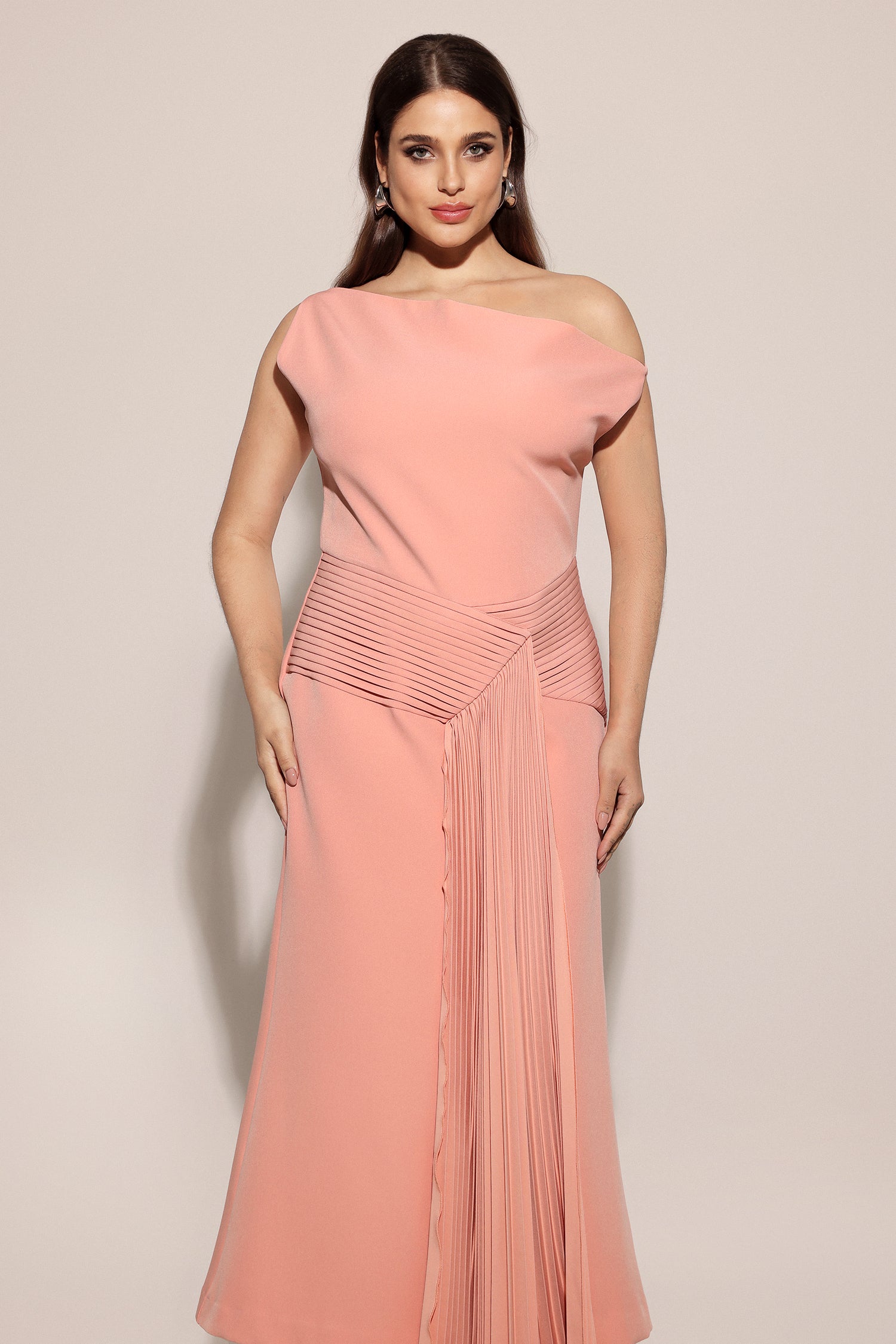 Paulina Oblique Shoulder Sleeveless Folds Pink Midi Dress