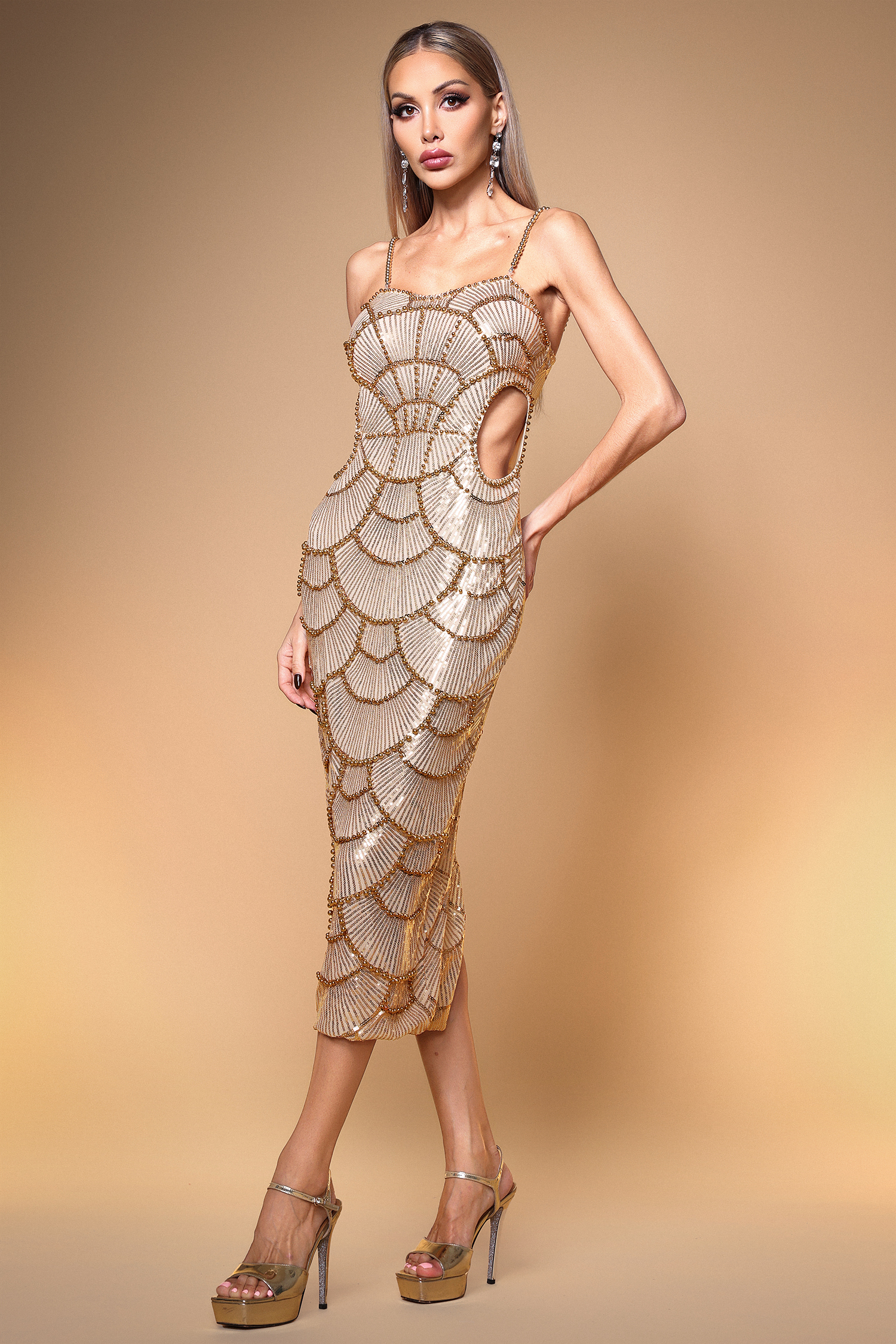 Teresa Pearl Sequin Gold Midi Dress