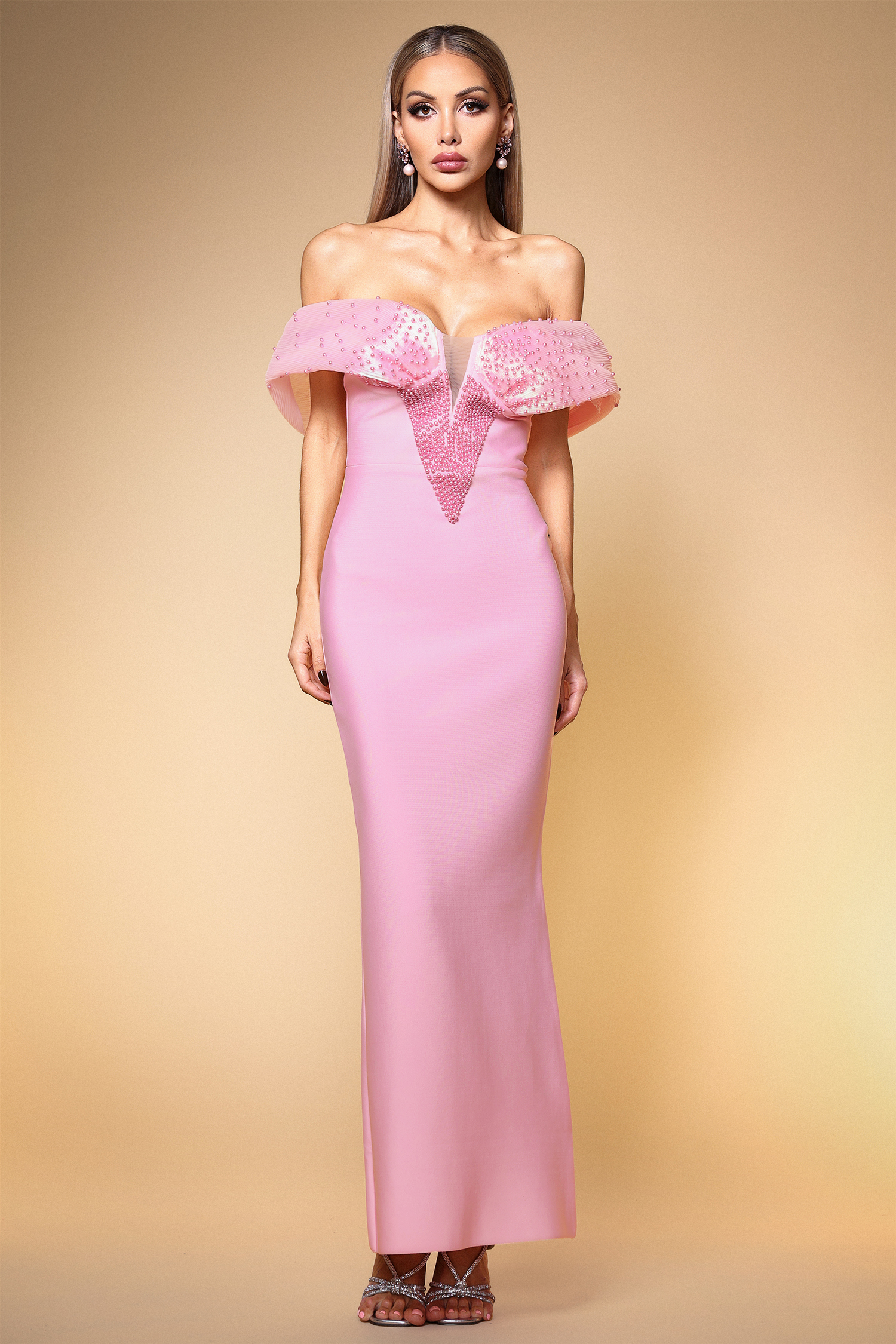 Dorie Deep-V Bandage One-shoulder Pearl Pink Maxi Dress