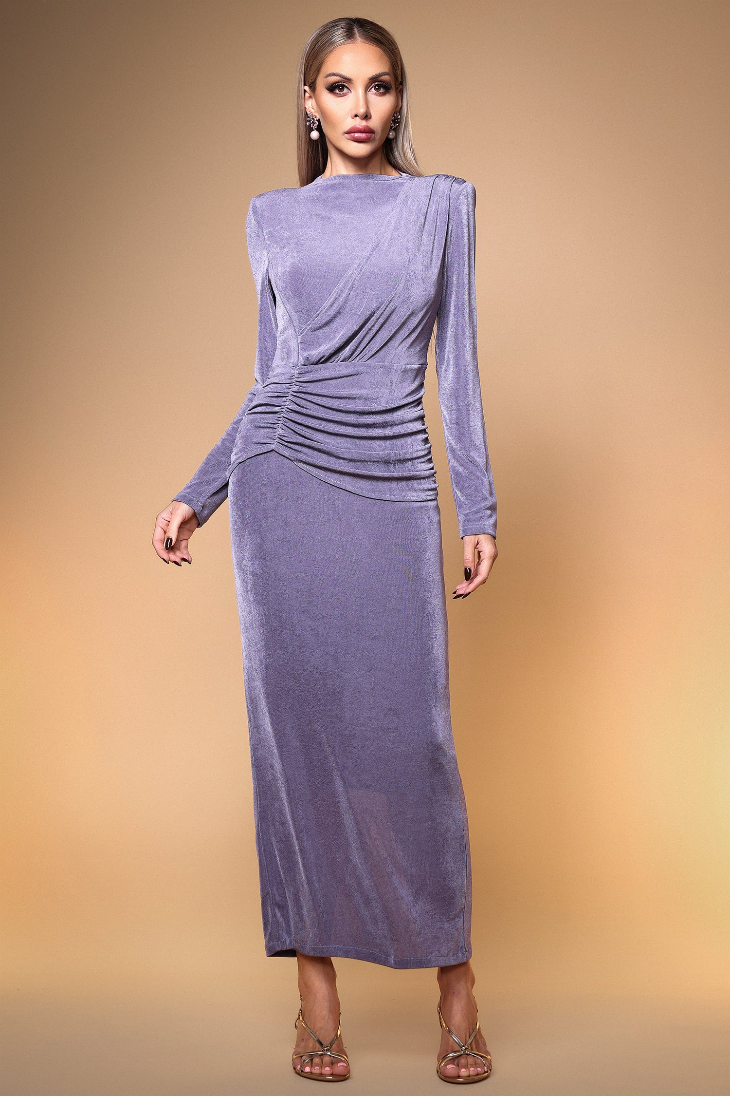 Paomi Elegant Contour Long Sleeve Ruched Maxi Dress