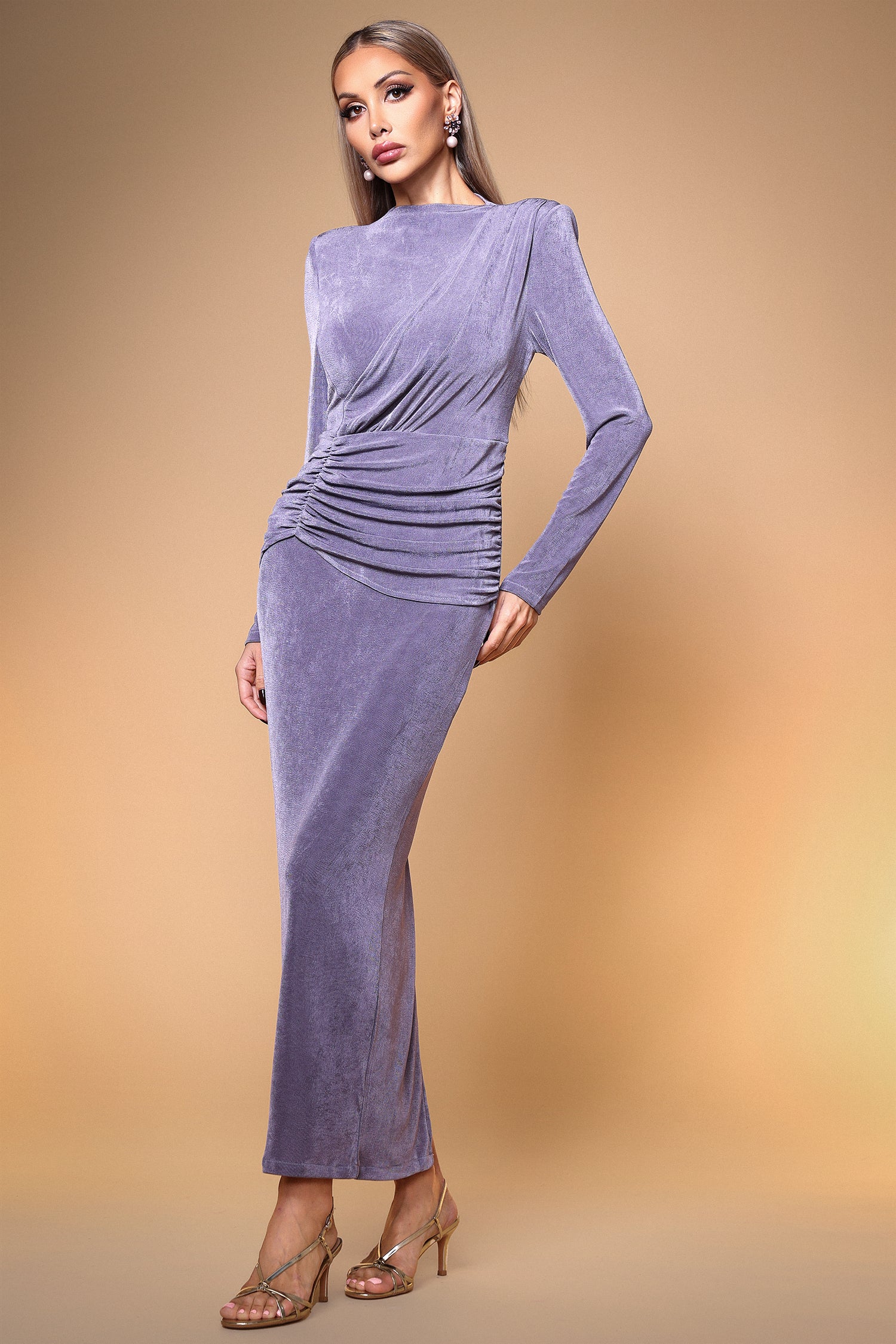 Paomi Elegant Contour Long Sleeve Ruched Maxi Dress