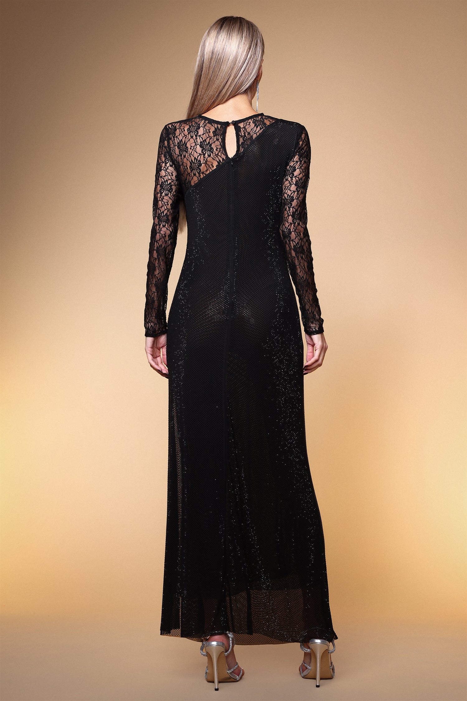 Uabeza Sexy Contour Long Sleeve Ruched Crystal Lace Maxi Dress