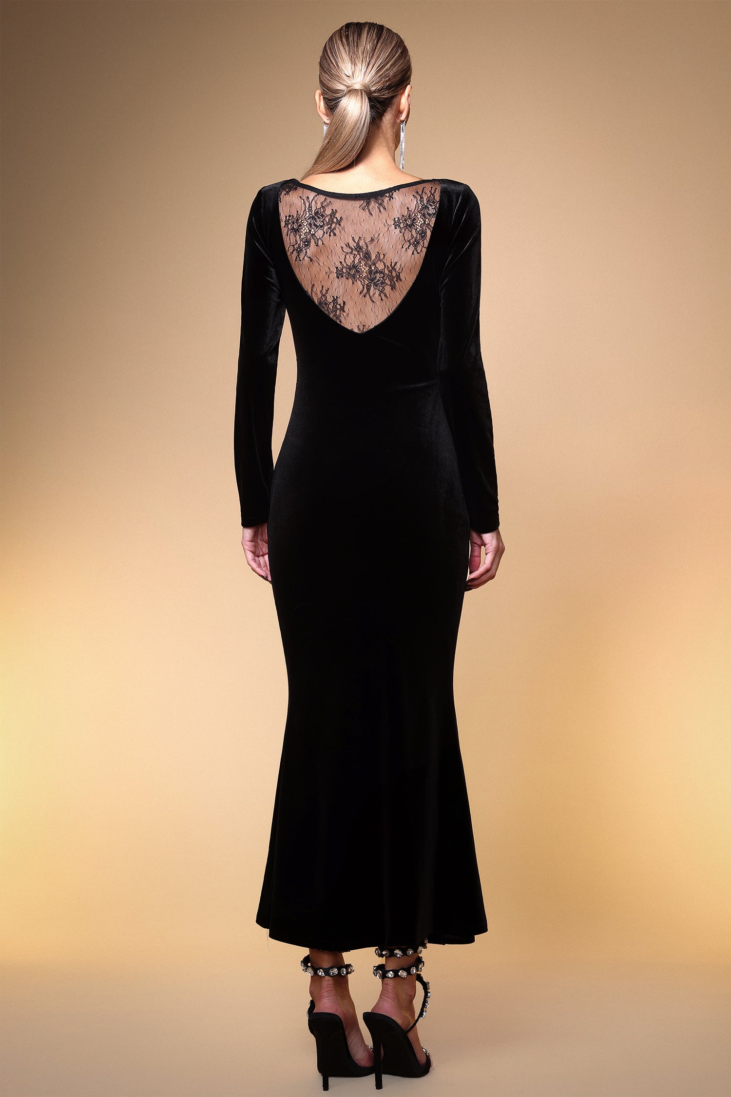 Dorothea Elegant Contour Long Sleeve Embellished Velvet Maxi Dress