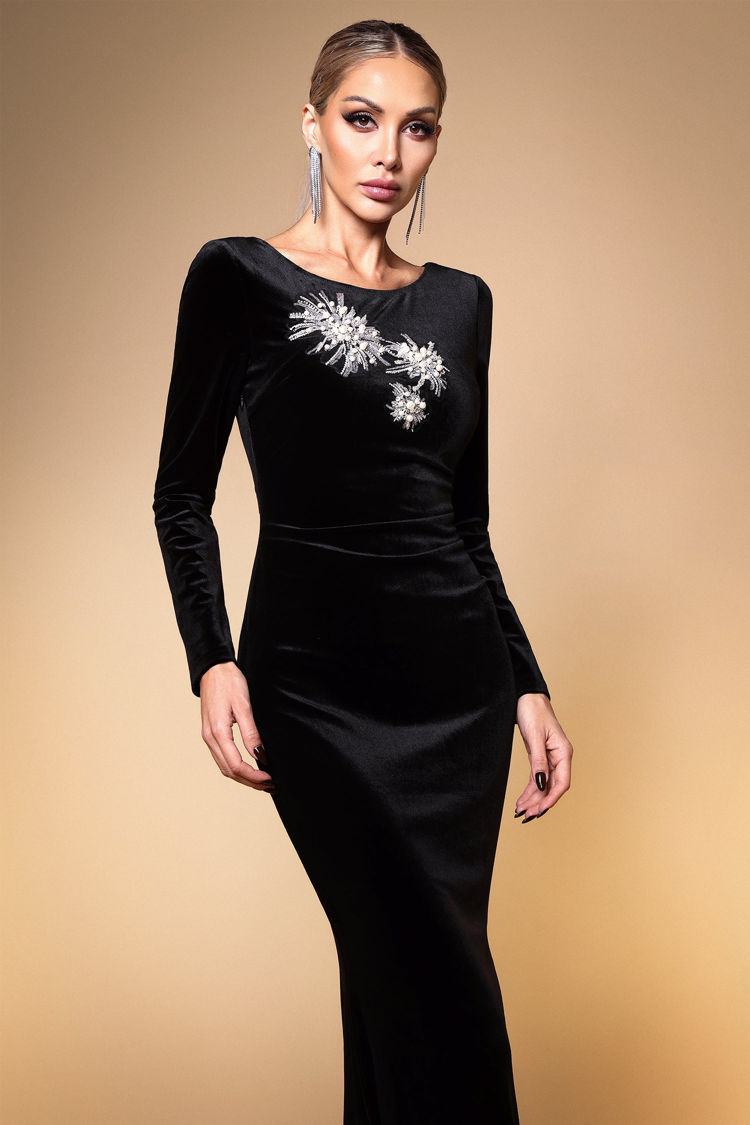 Dorothea Elegant Contour Long Sleeve Embellished Velvet Maxi Dress