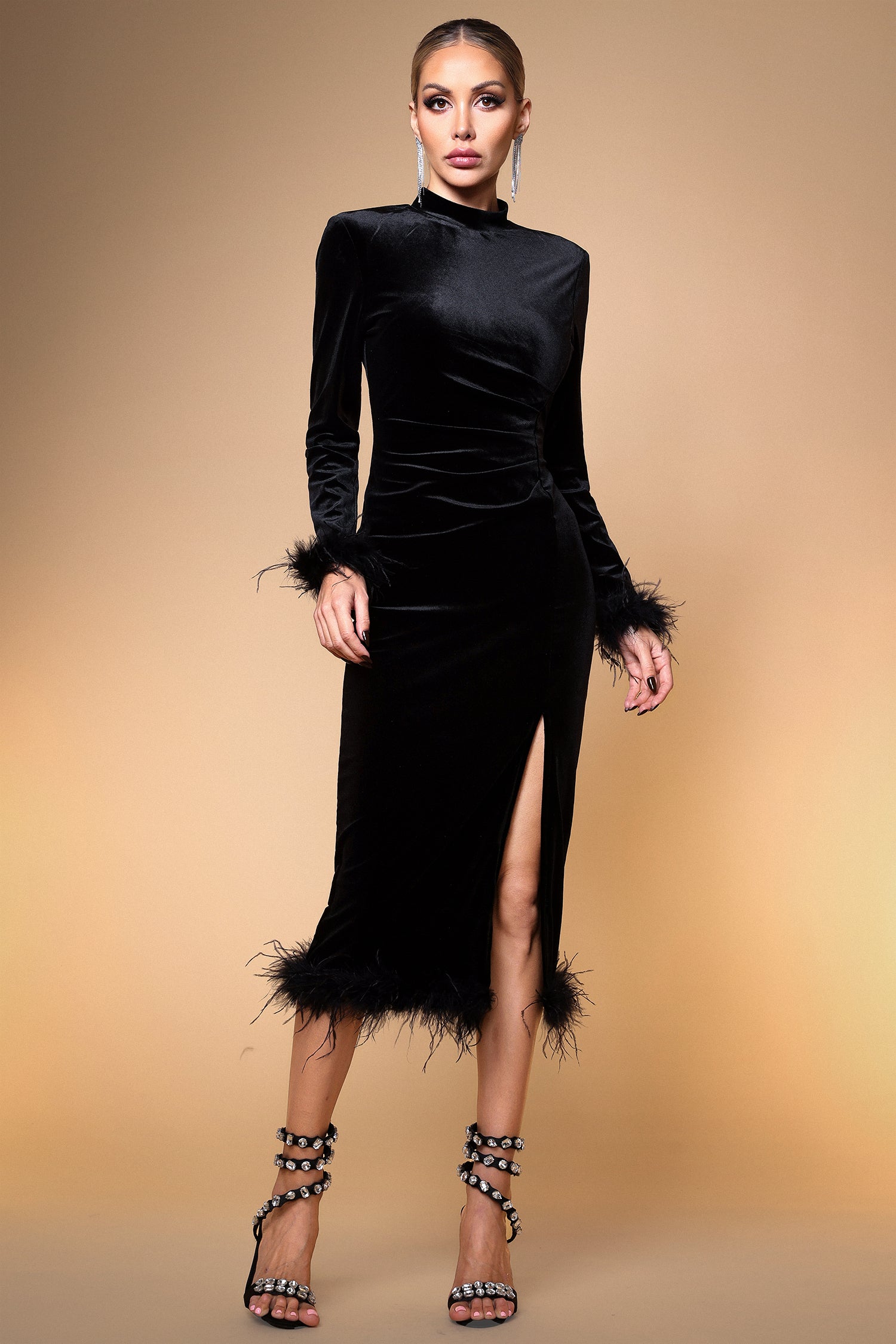 Rosita Elegant Contour Long Sleeve Feather Velvet Maxi Dress