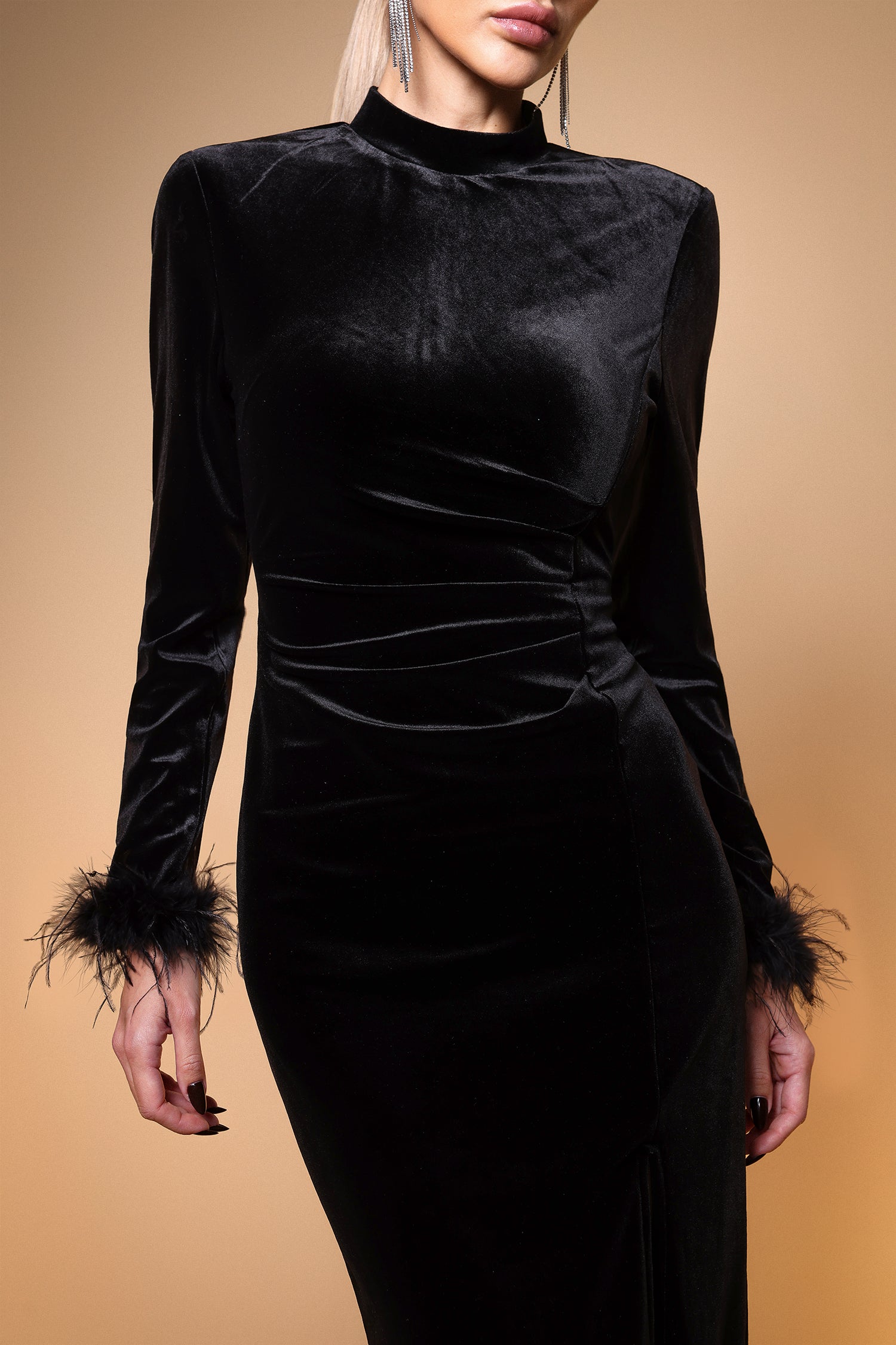 Rosita Elegant Contour Long Sleeve Feather Velvet Maxi Dress