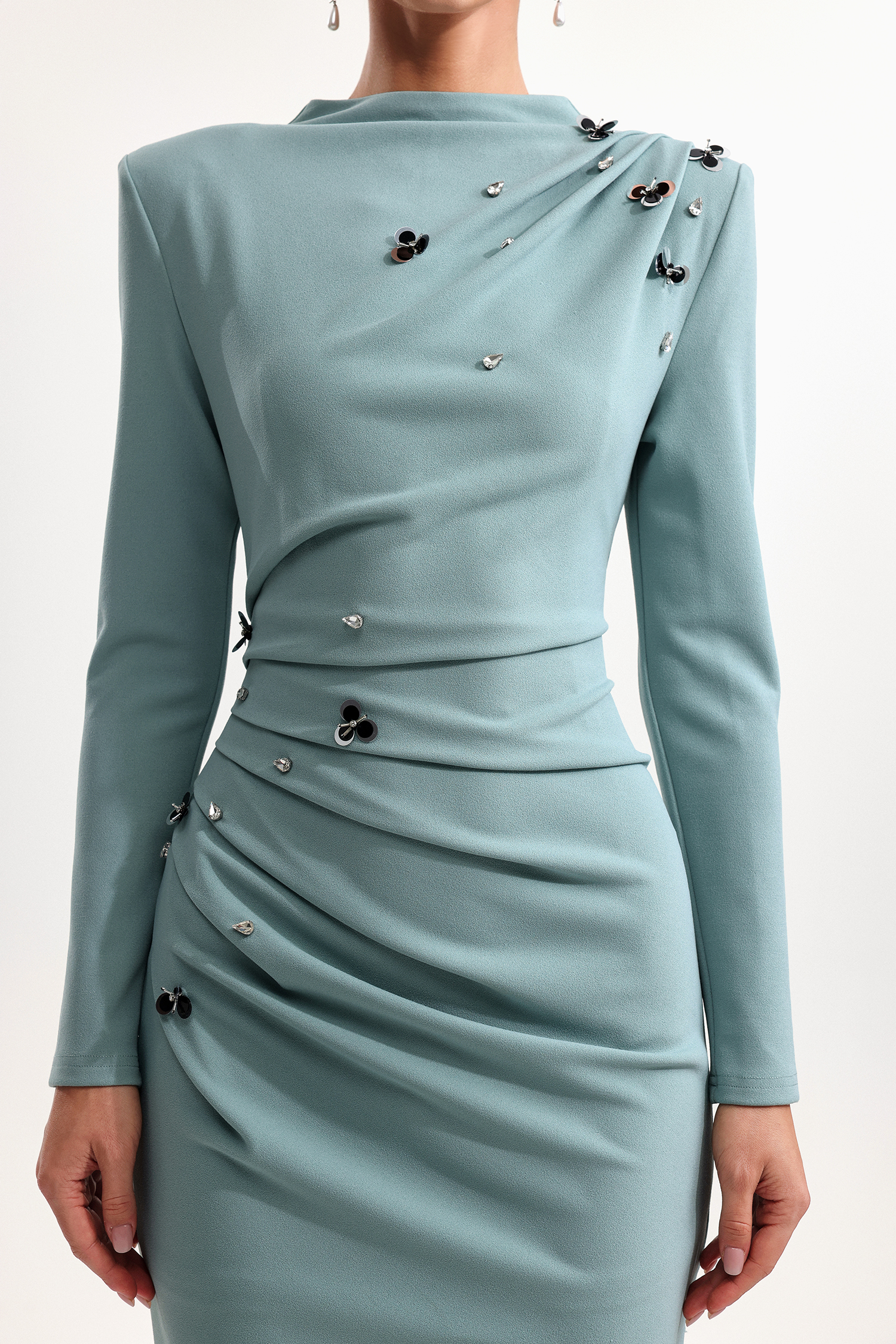 Nina Elegant Cinched Waist Long Sleeve Sequin Floral Pleated Knit Midi Dress