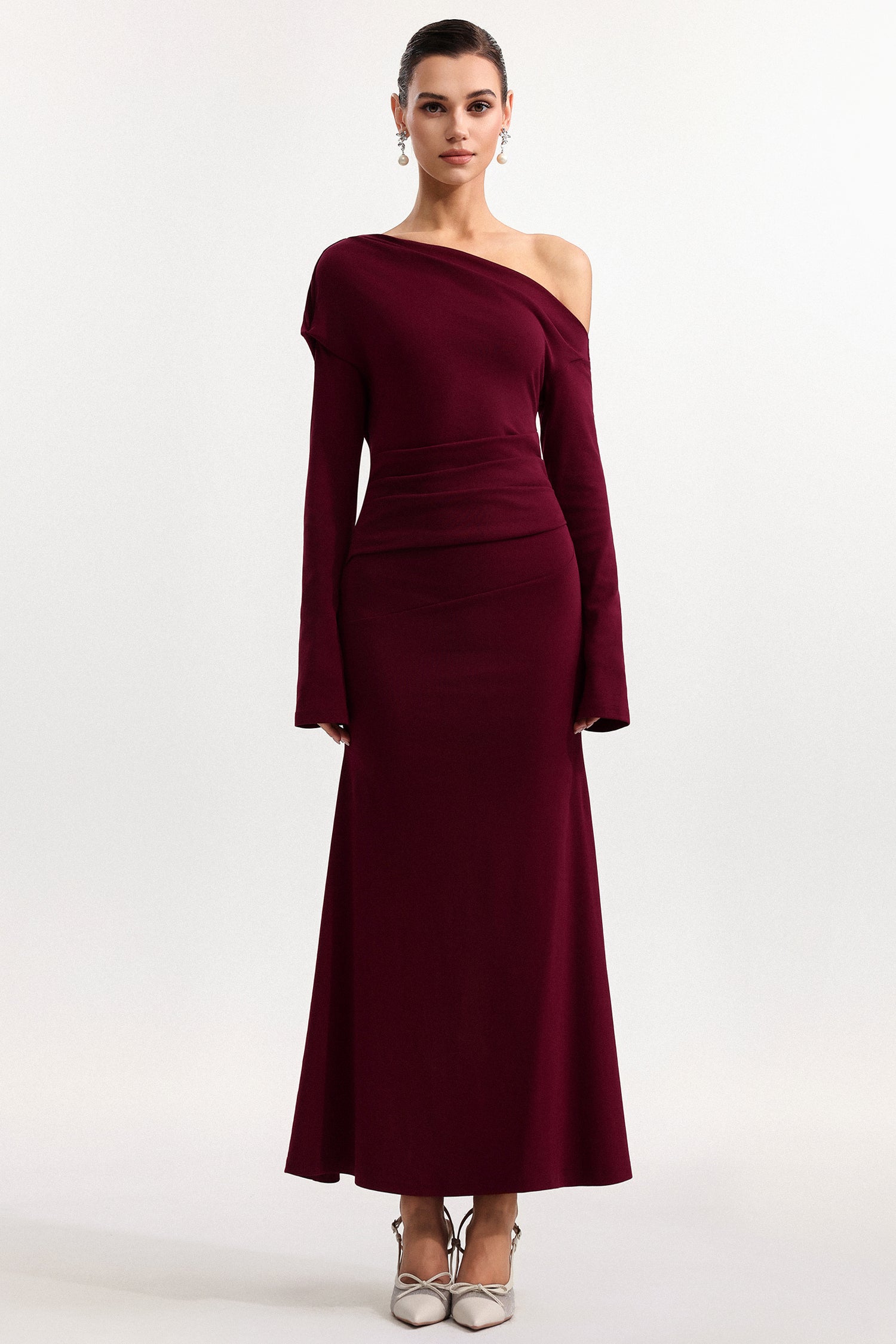 Etta Elegant Cinched Waist Off Shoulder Long Sleeve Knit Maxi Dress