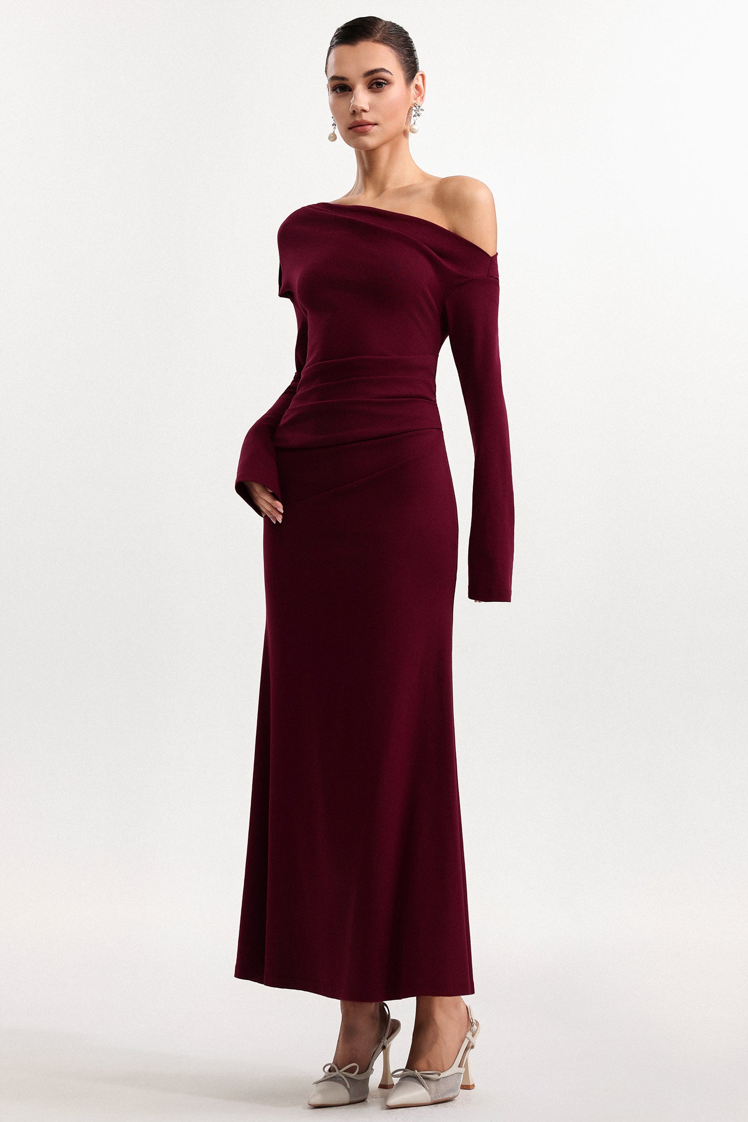 Etta Elegant Cinched Waist Off Shoulder Long Sleeve Knit Maxi Dress