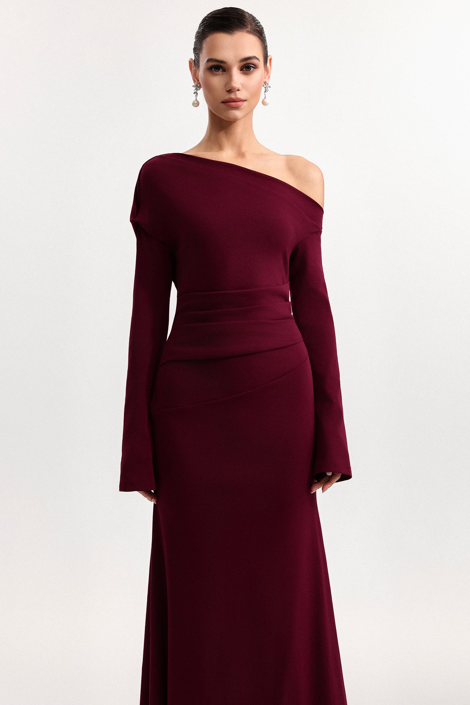 Etta Elegant Cinched Waist Off Shoulder Long Sleeve Knit Maxi Dress