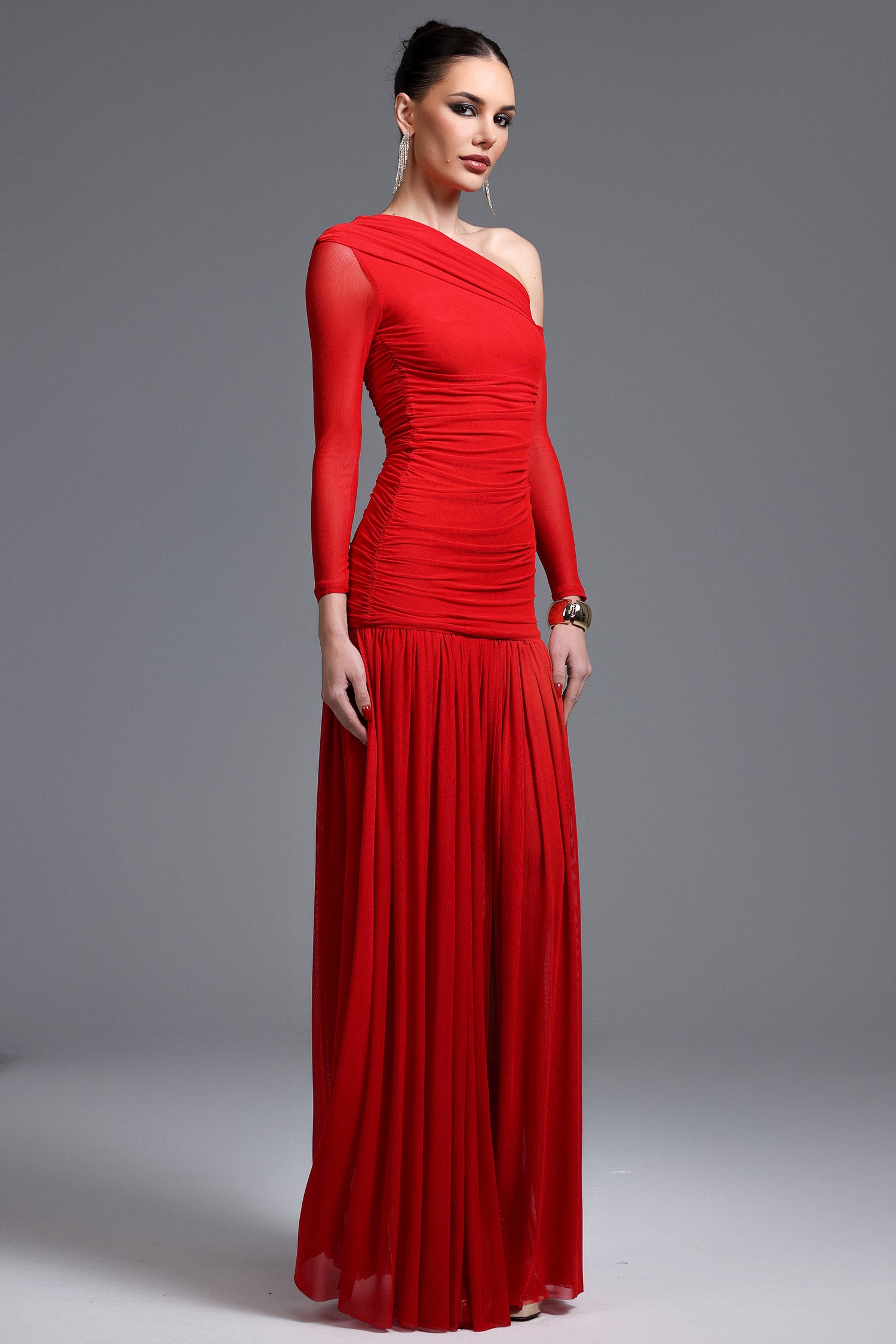 Zaniyah Elegant Contour One Shoulder Ruched High Slit Knit Maxi Dress