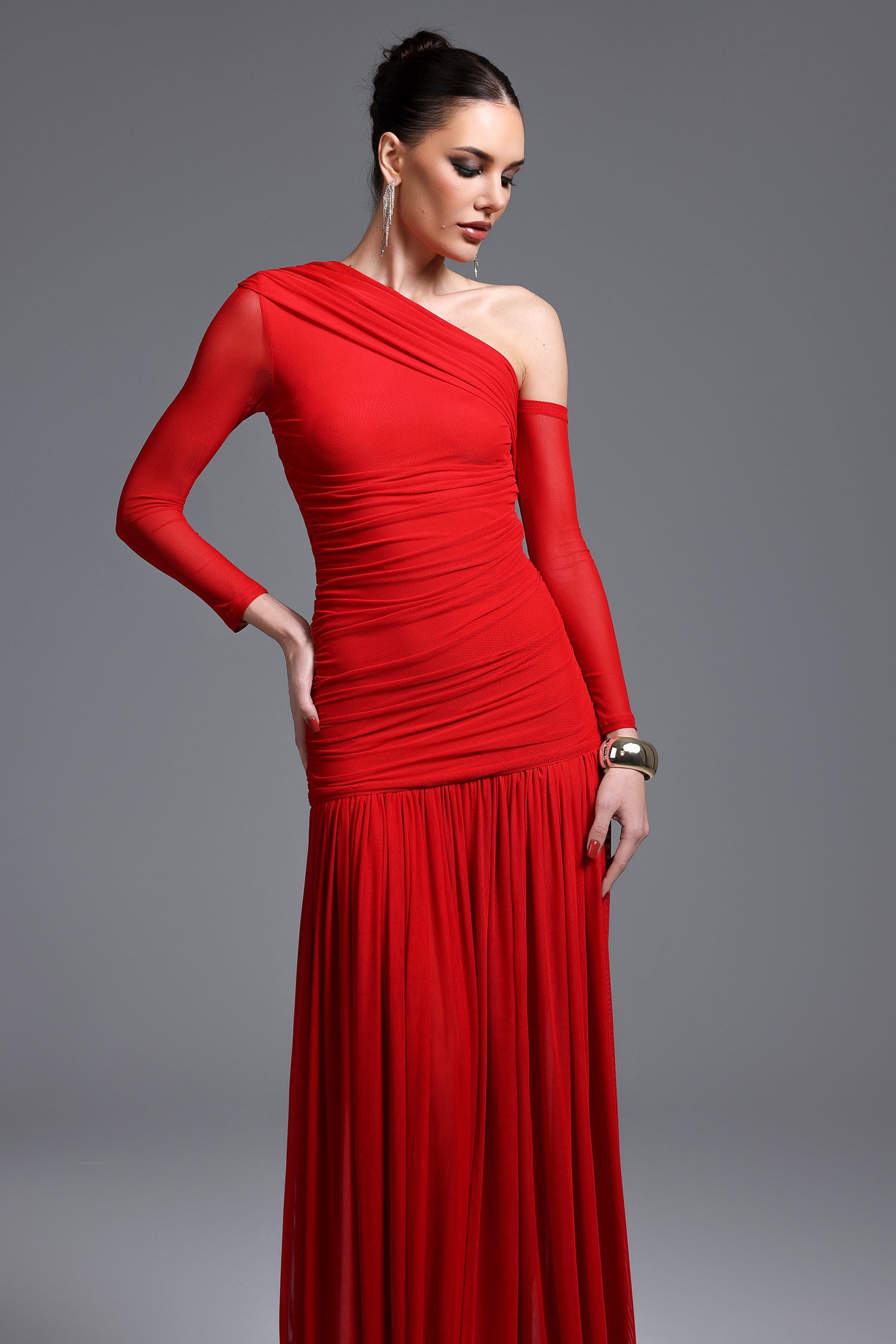 Zaniyah Elegant Contour One Shoulder Ruched High Slit Knit Maxi Dress