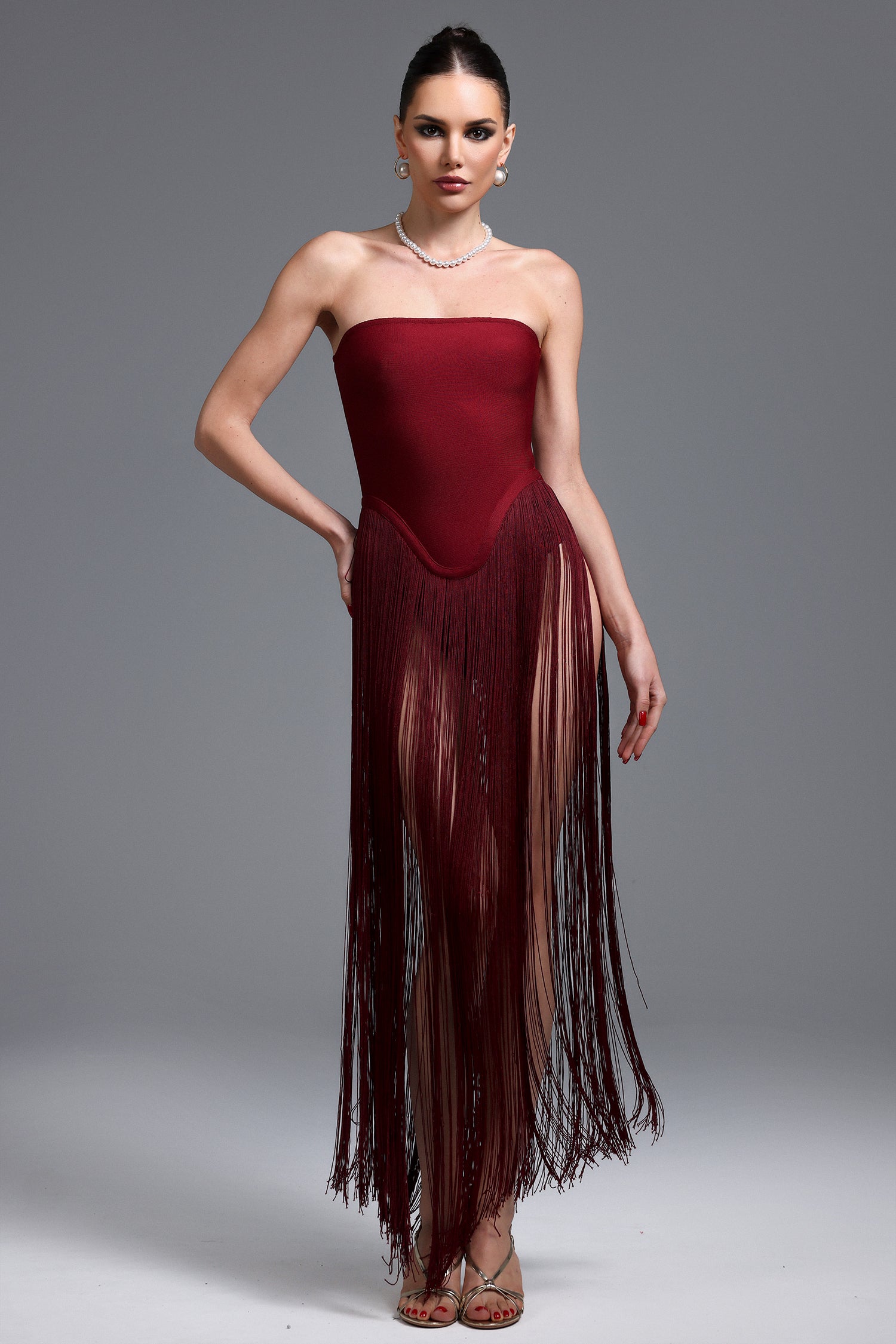 Valentina Strapless Purplish Red Fringe Dress