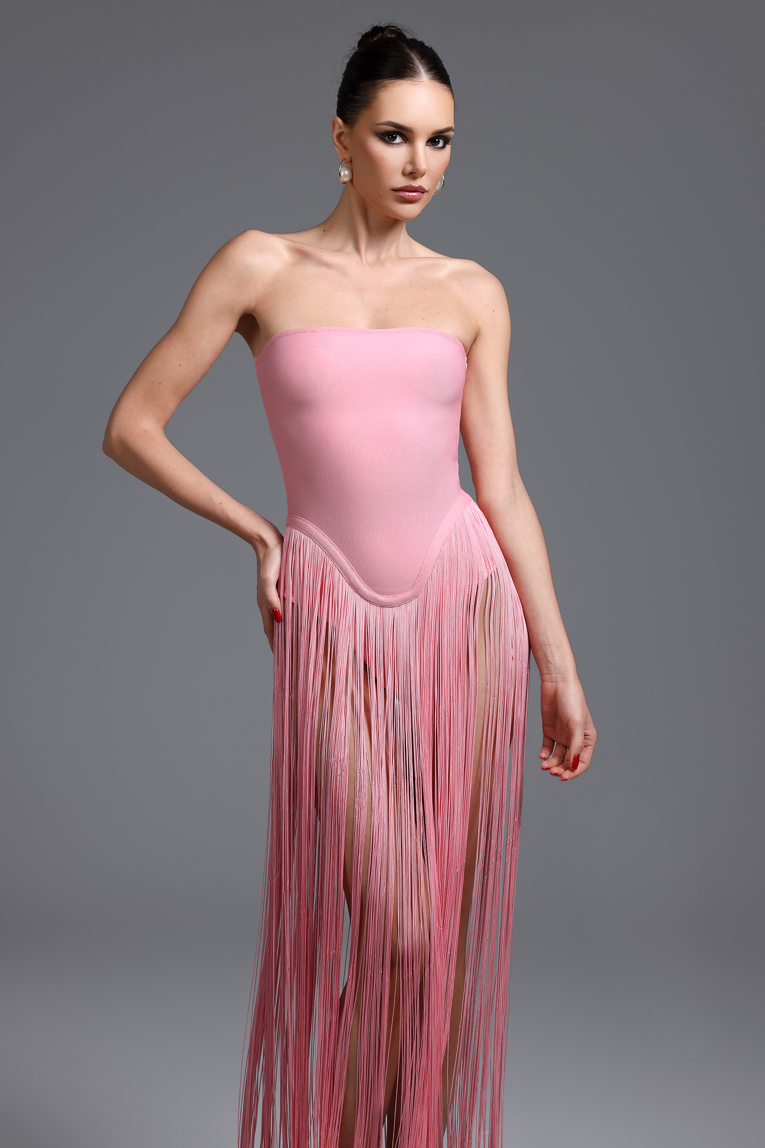 Valentina Strapless Pink Fringe Dress
