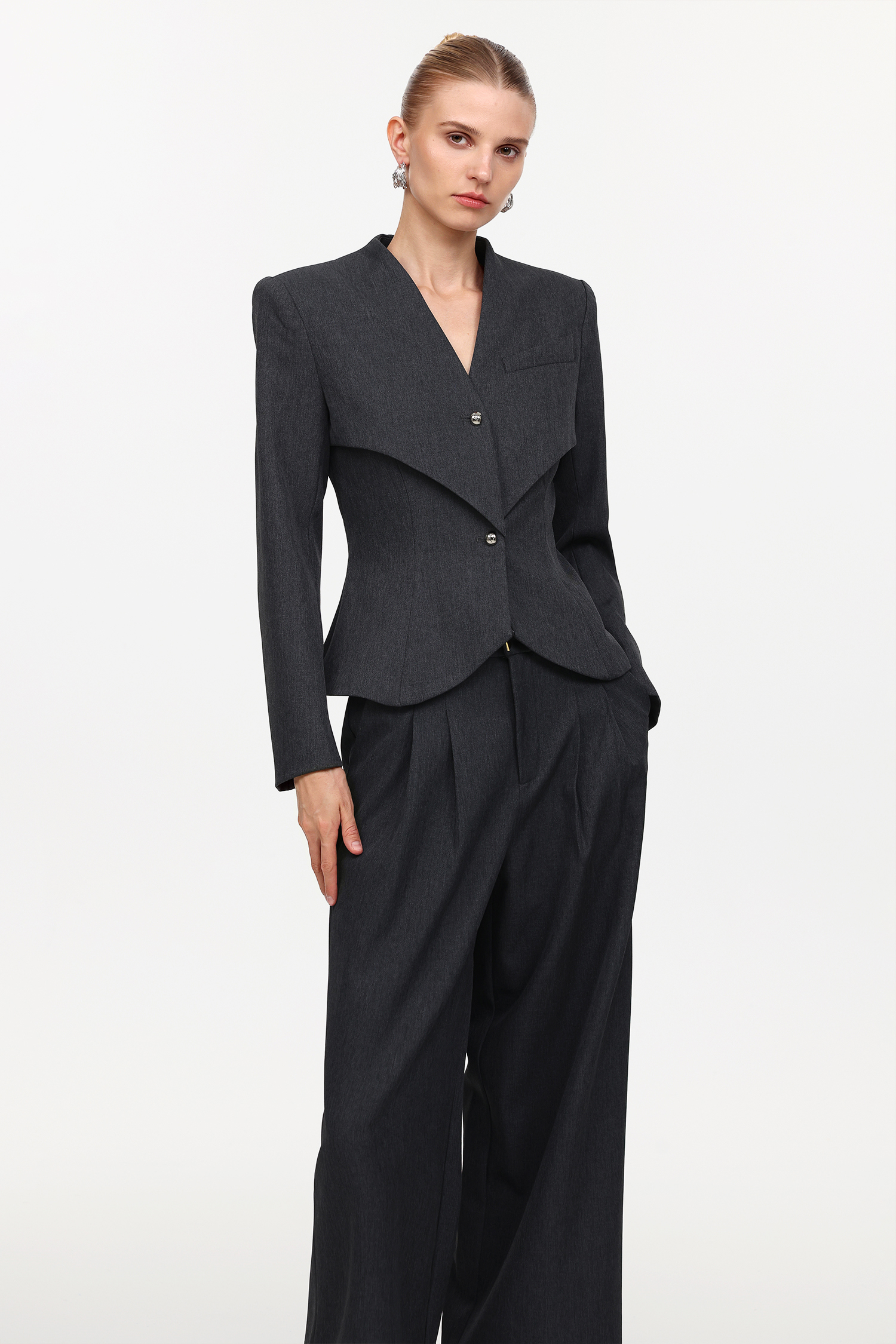 Elin Chic Tailored Long Sleeve Woven Blazer And Pants Two-Piece Set