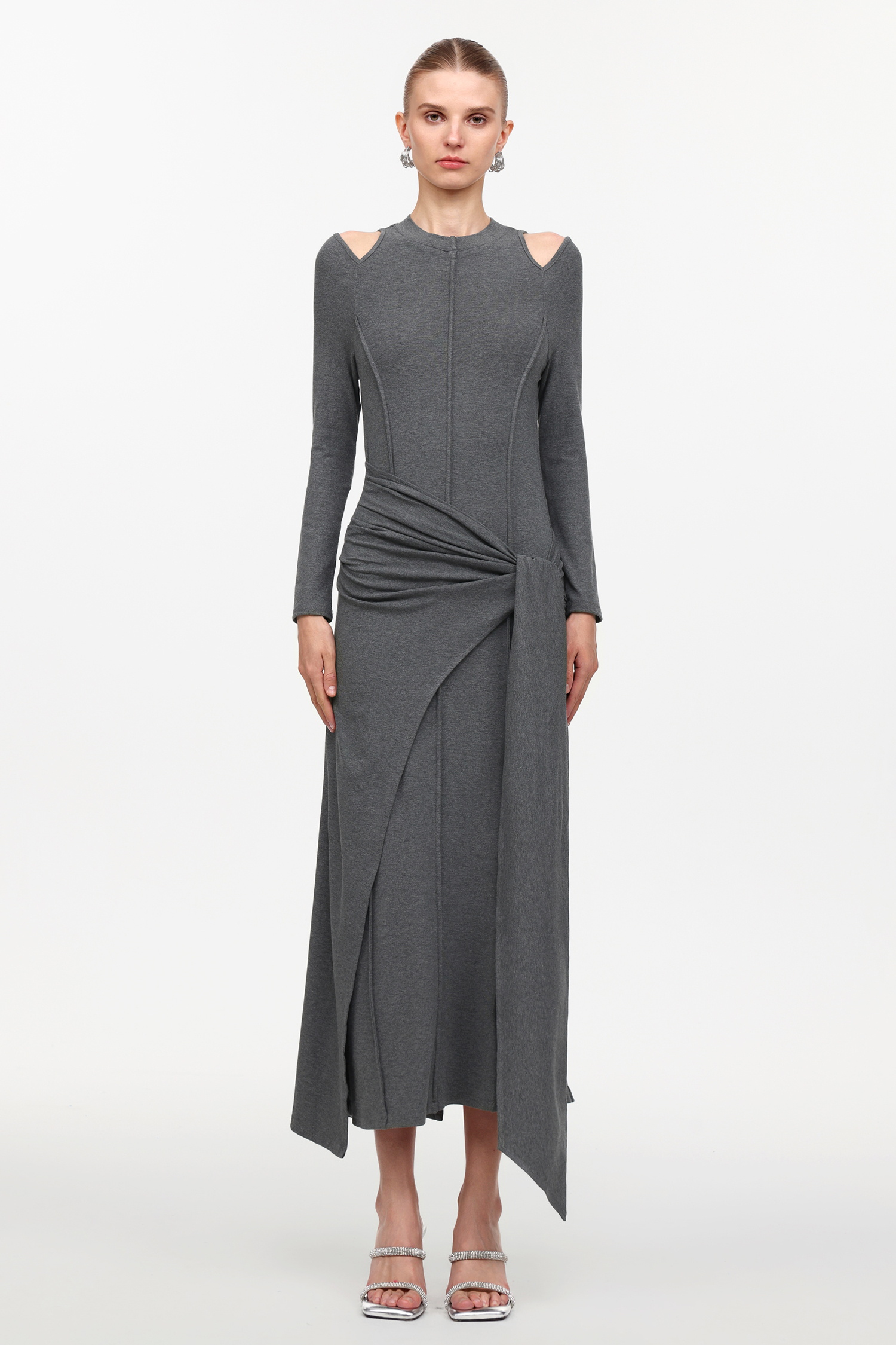 Silas Chic Contour Cut Out Long Sleeve Knot Knit Maxi Dress