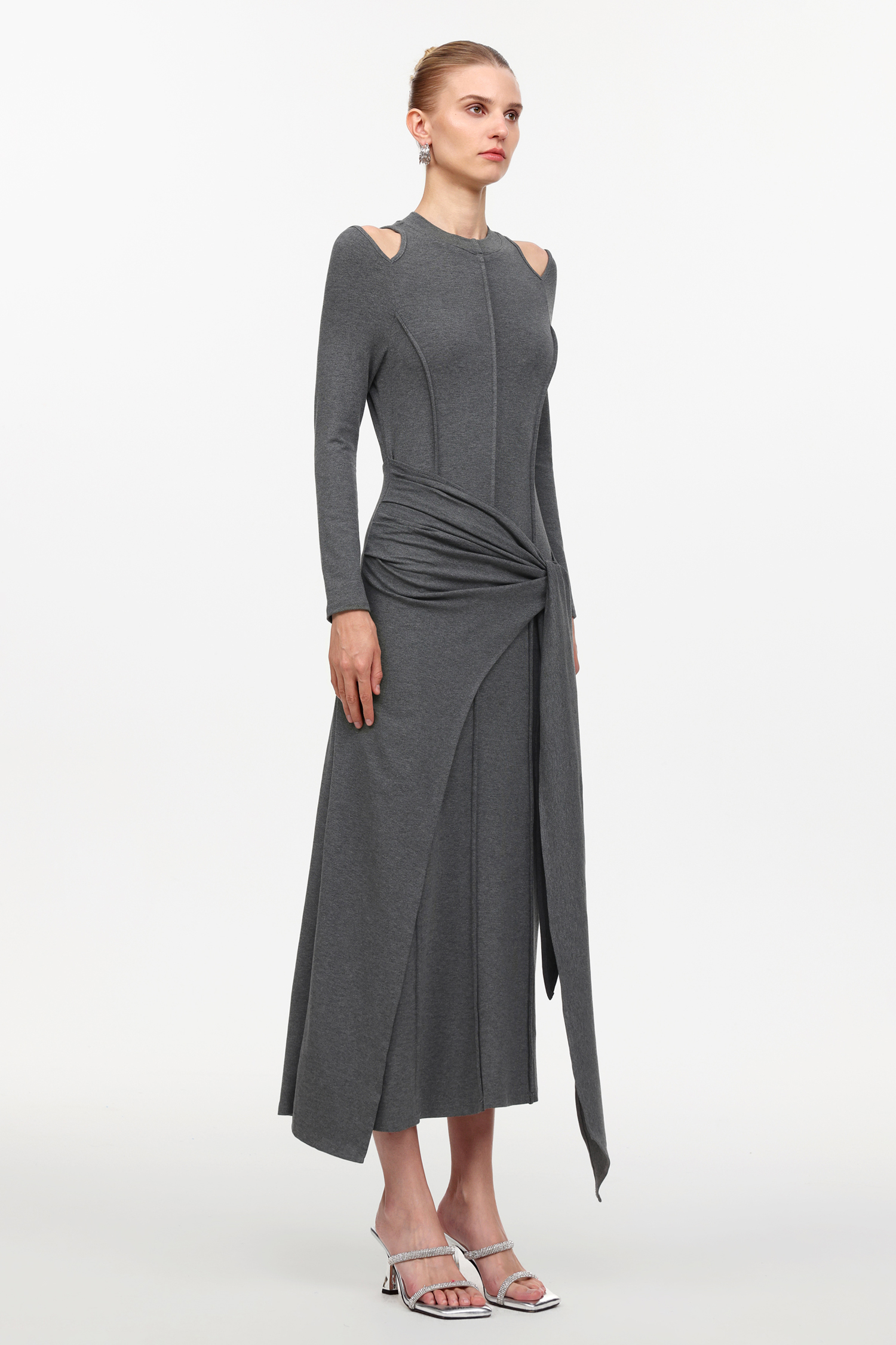 Silas Chic Contour Cut Out Long Sleeve Knot Knit Maxi Dress