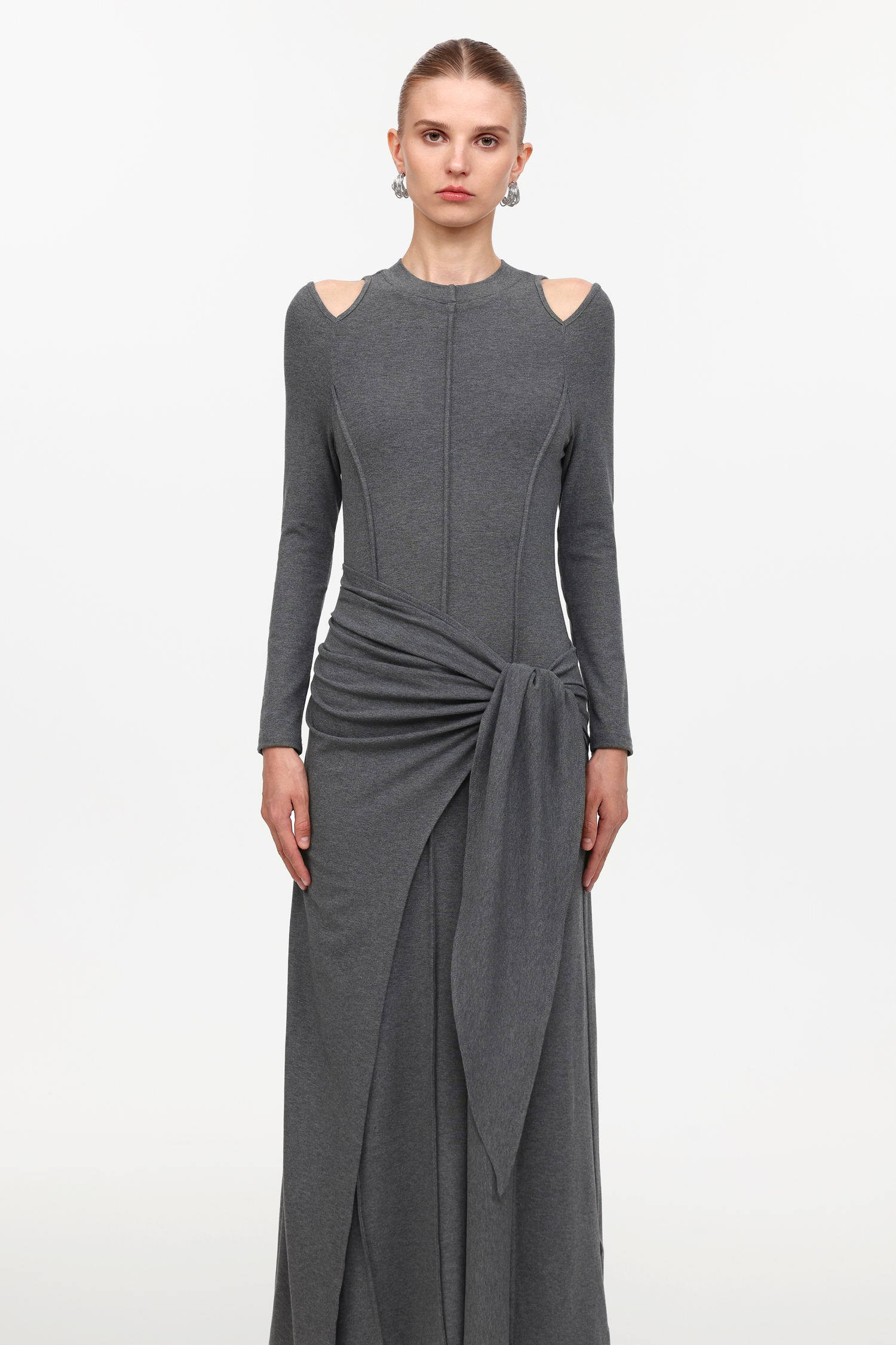 Silas Chic Contour Cut Out Long Sleeve Knot Knit Maxi Dress