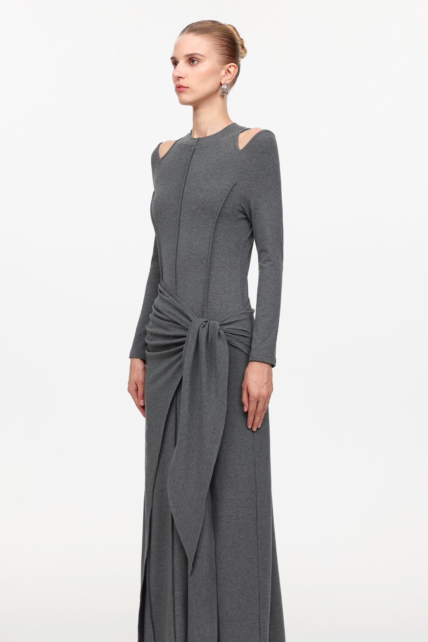 Silas Chic Contour Cut Out Long Sleeve Knot Knit Maxi Dress