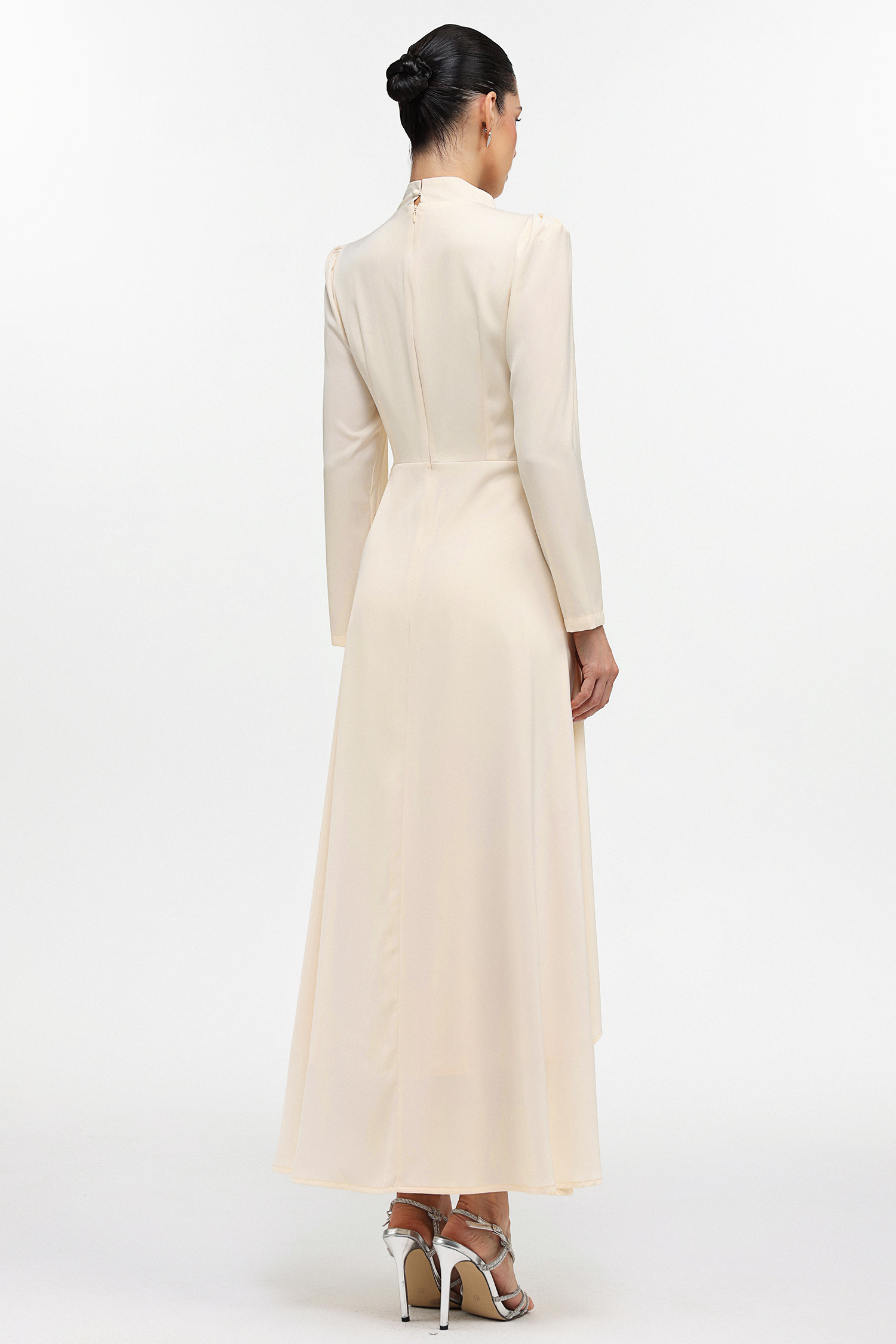Elaia Romantic Flowy Long Sleeve Ruched Rhinestone Woven Maxi Dress