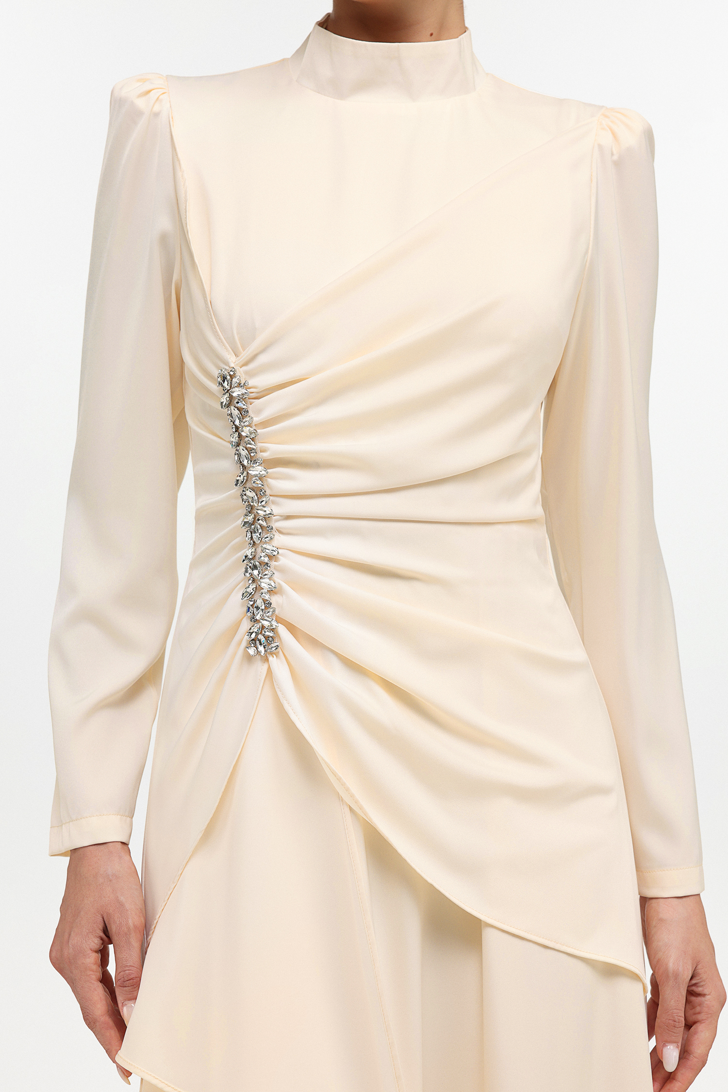 Elaia Romantic Flowy Long Sleeve Ruched Rhinestone Woven Maxi Dress