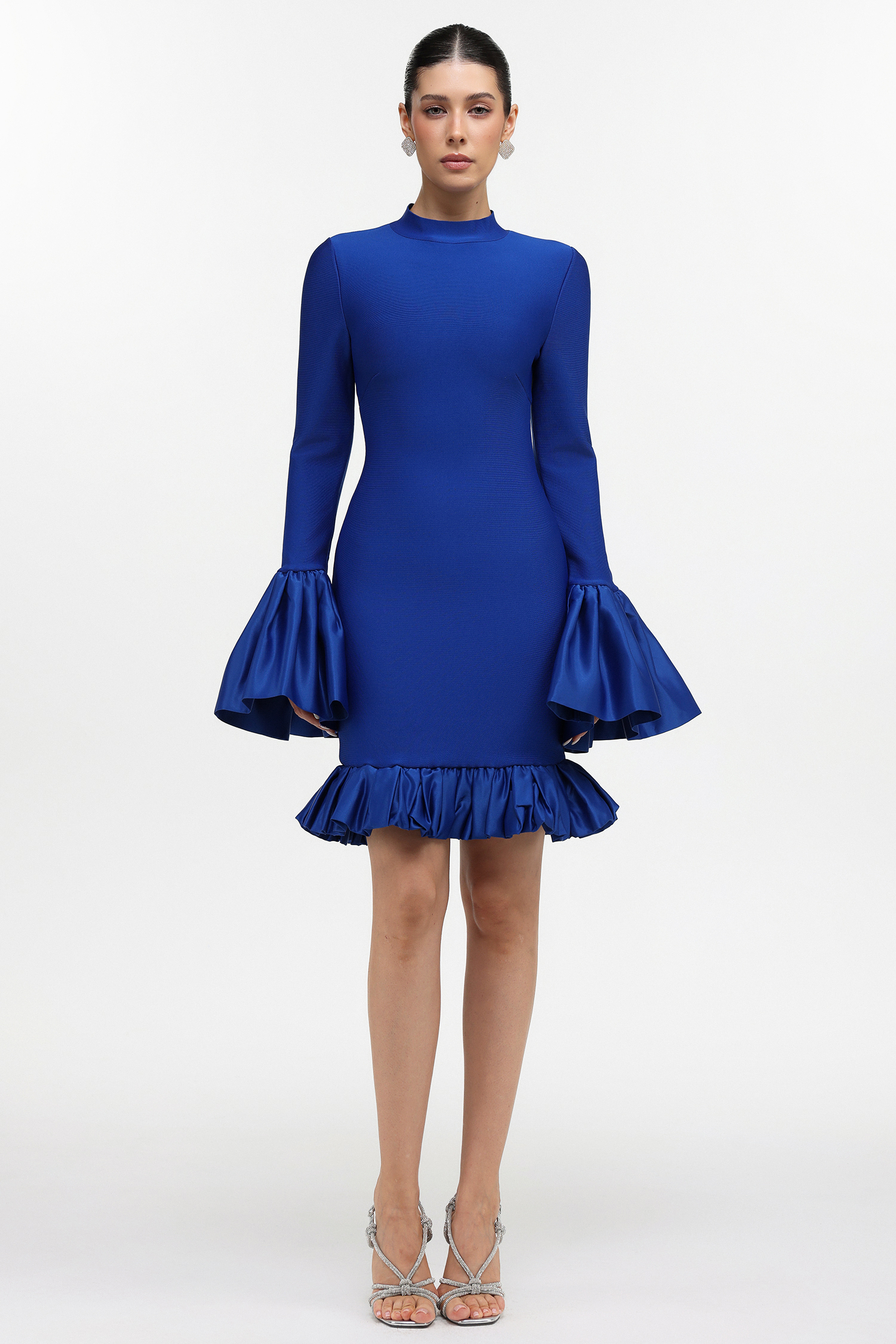 Sabina Classic Contour Long Sleeve Ruffle Blue Bandage Mini Dress
