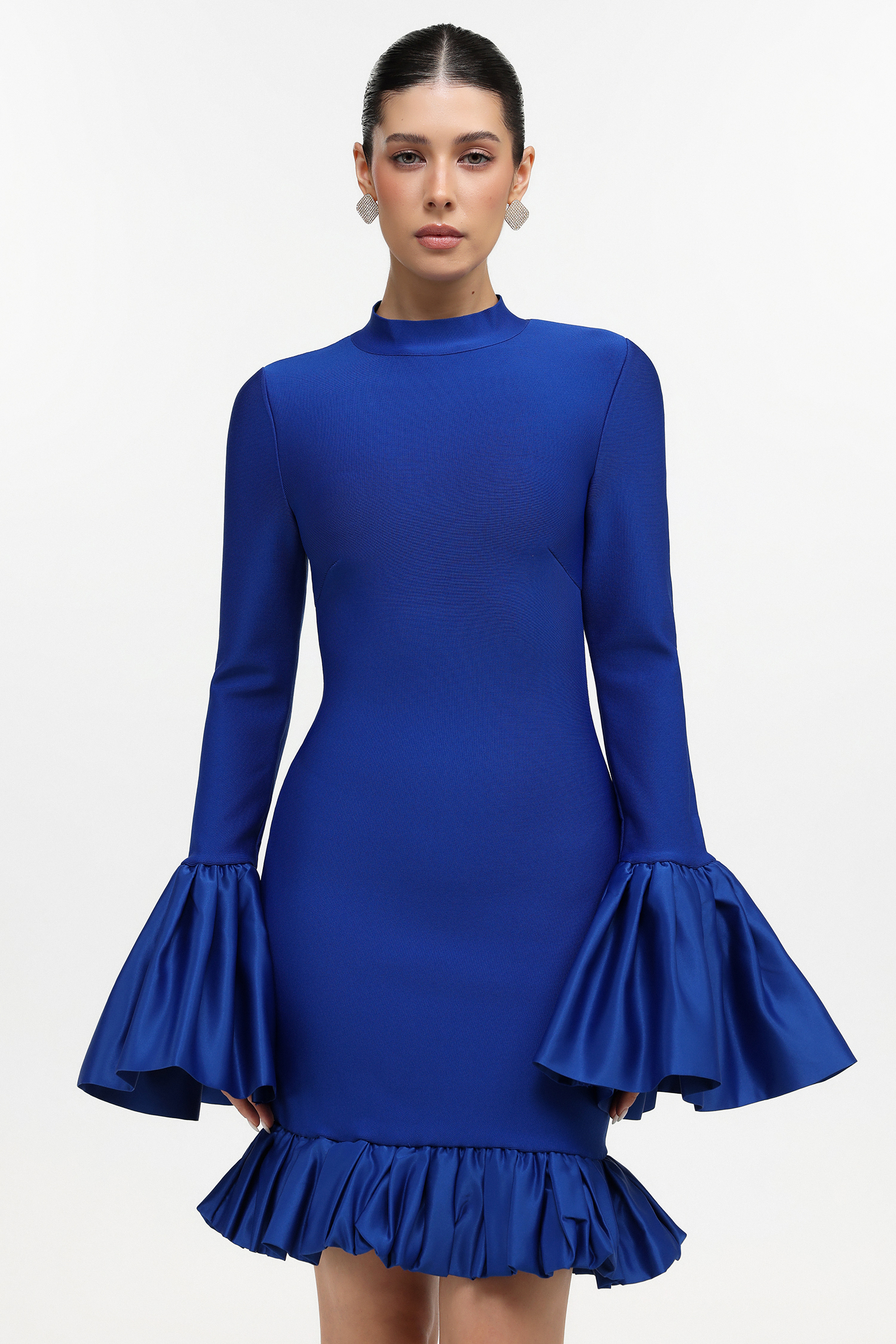 Sabina Classic Contour Long Sleeve Ruffle Blue Bandage Mini Dress