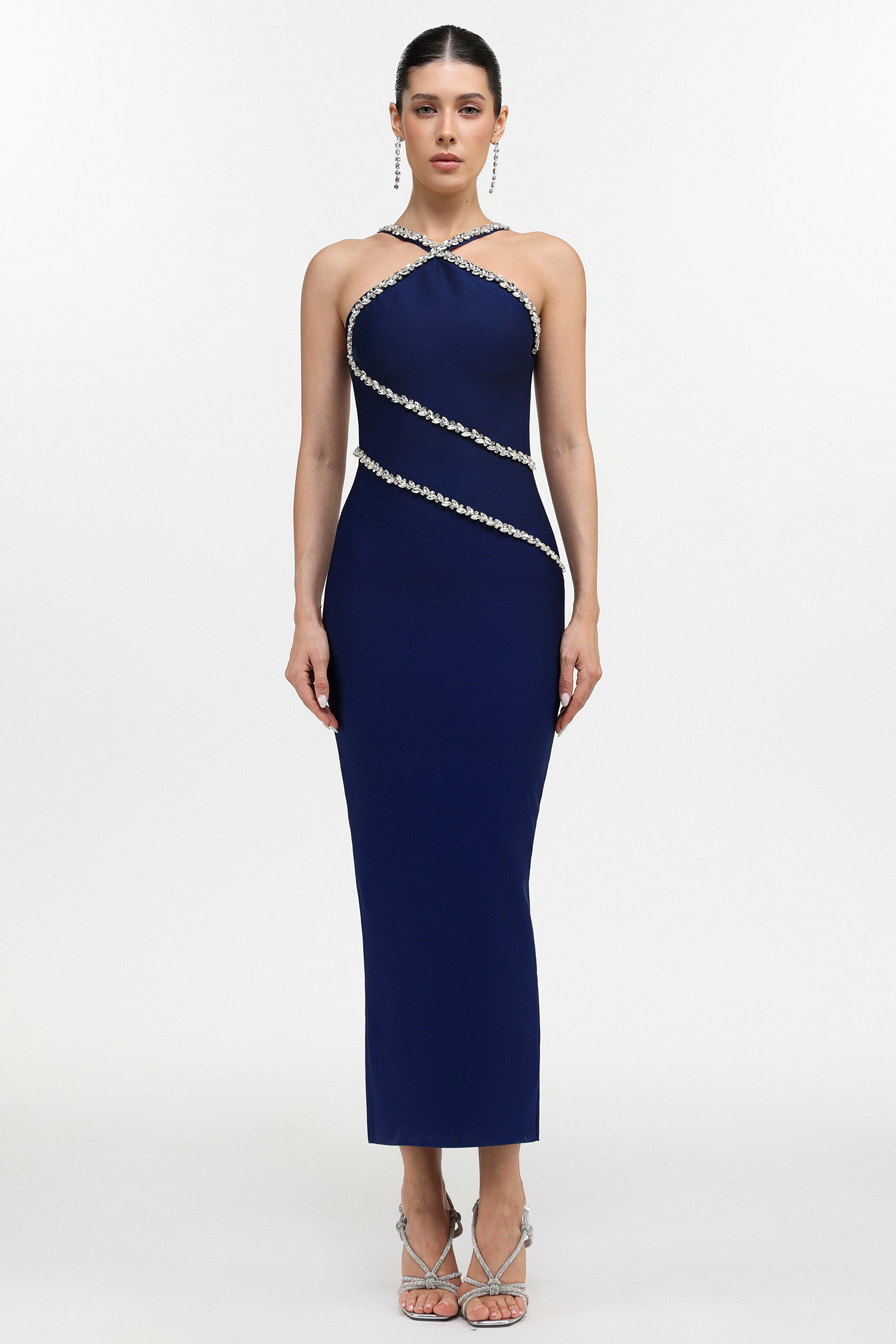 Kailani Classic Contour Halter Rhinestone Blue Bandage Maxi Dress