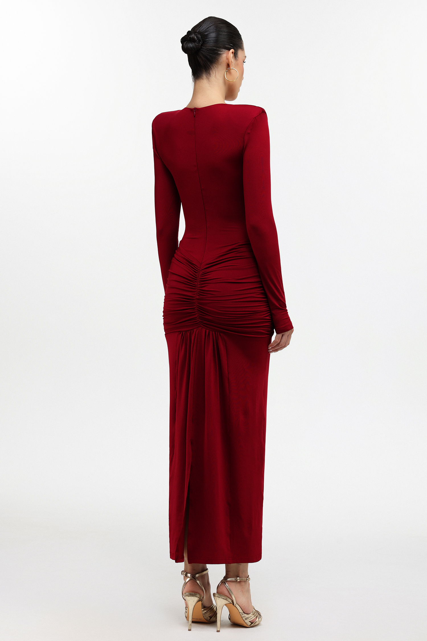 Dixie Sexy Contour Long Sleeve Deep V Ruched Knit Maxi Dress