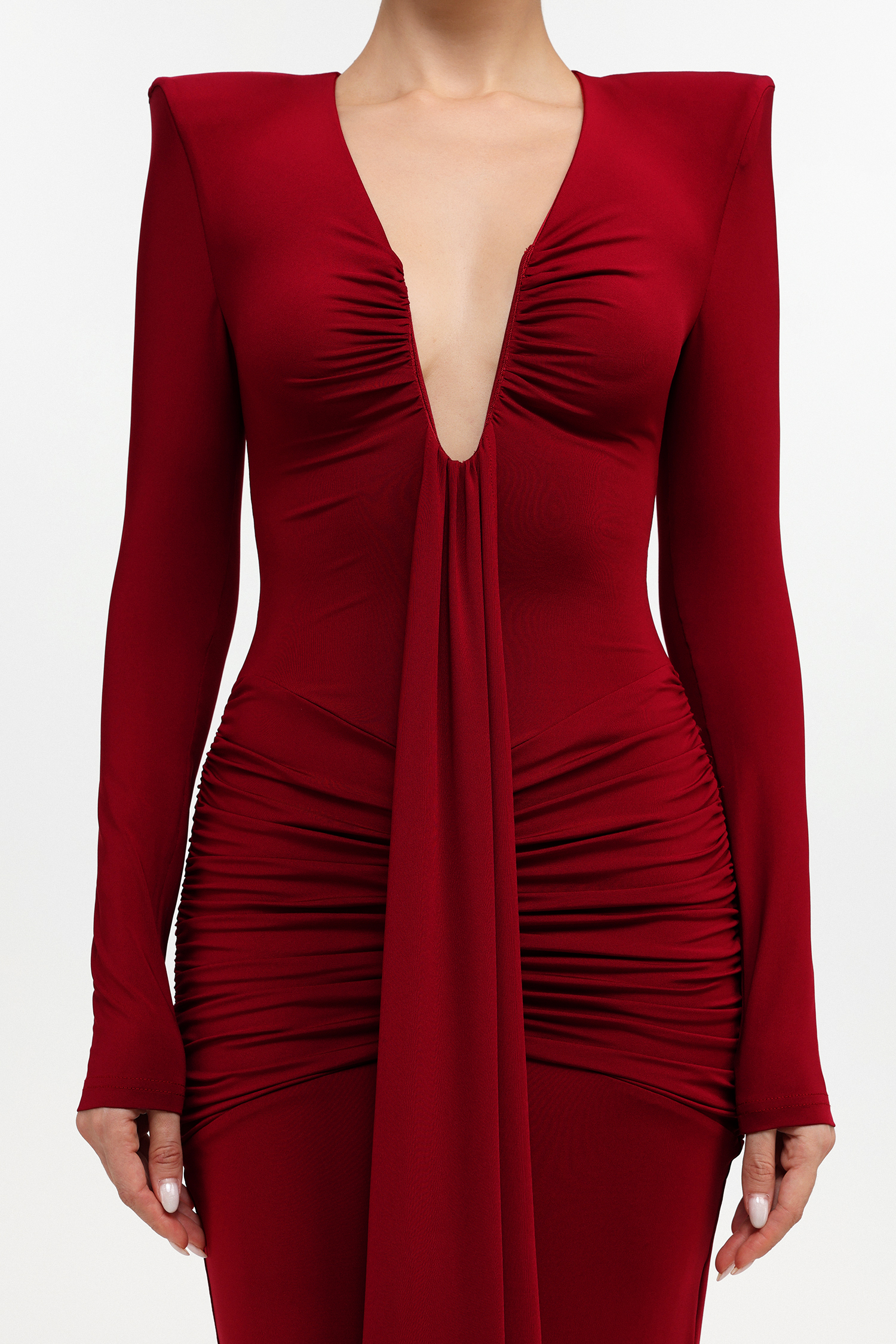 Dixie Sexy Contour Long Sleeve Deep V Ruched Knit Maxi Dress