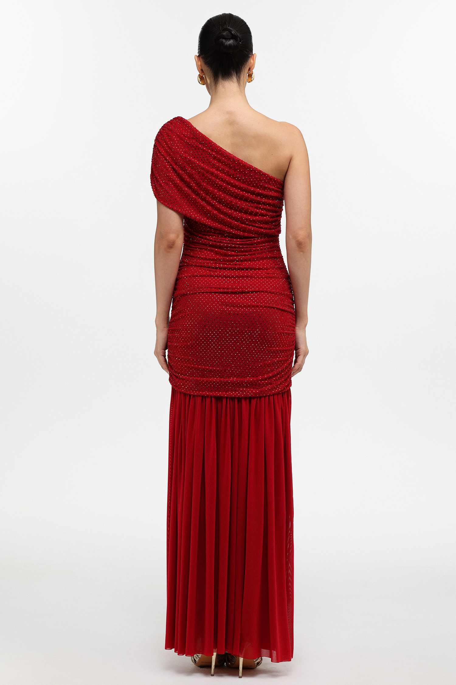 Naida Elegant Contour One Shoulder Ruched Crystal Maxi Dress