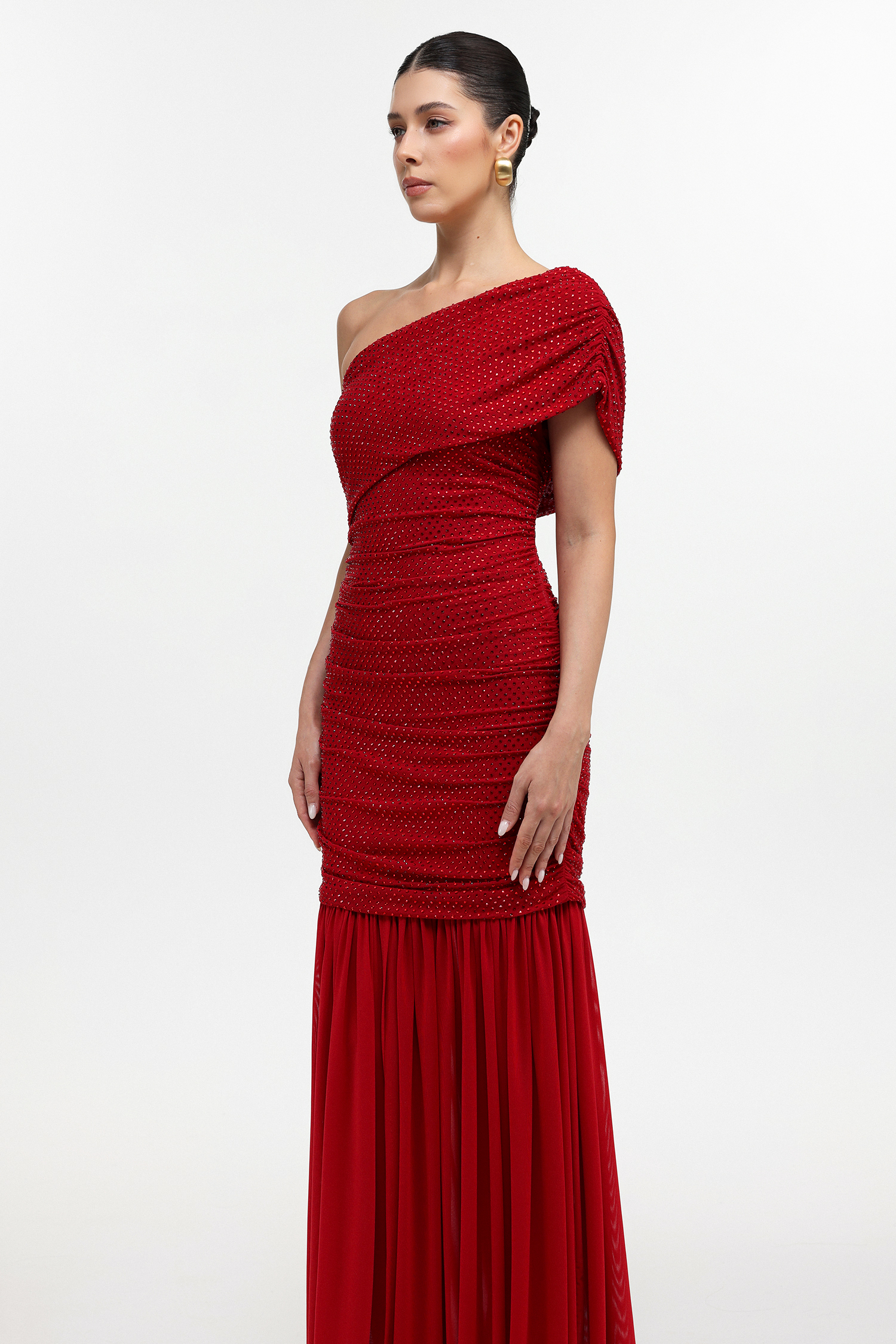 Naida Elegant Contour One Shoulder Ruched Crystal Maxi Dress