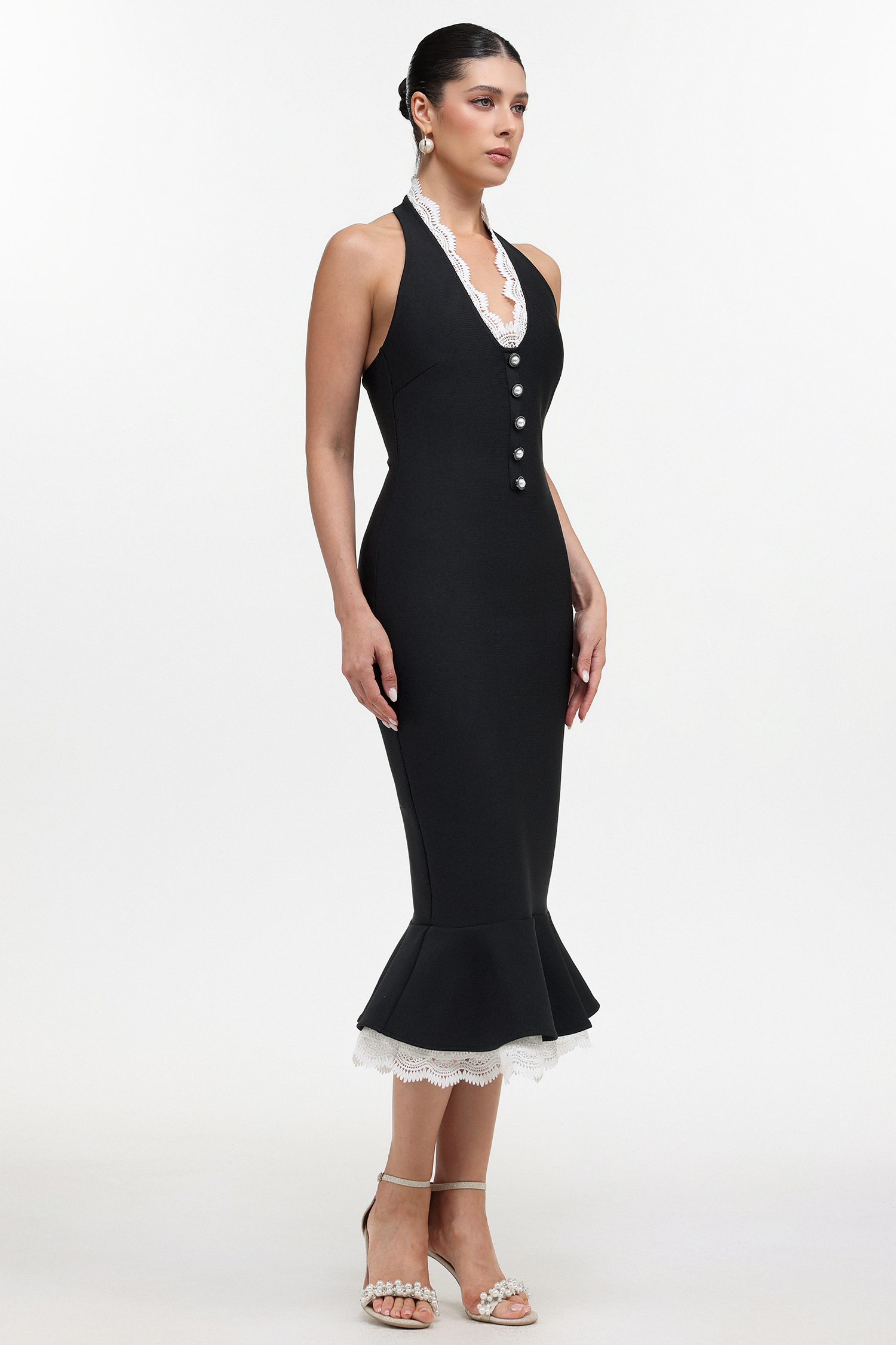 Miranda Romantic Contour Halter Button Front Lace Trim Bandage Midi Dress