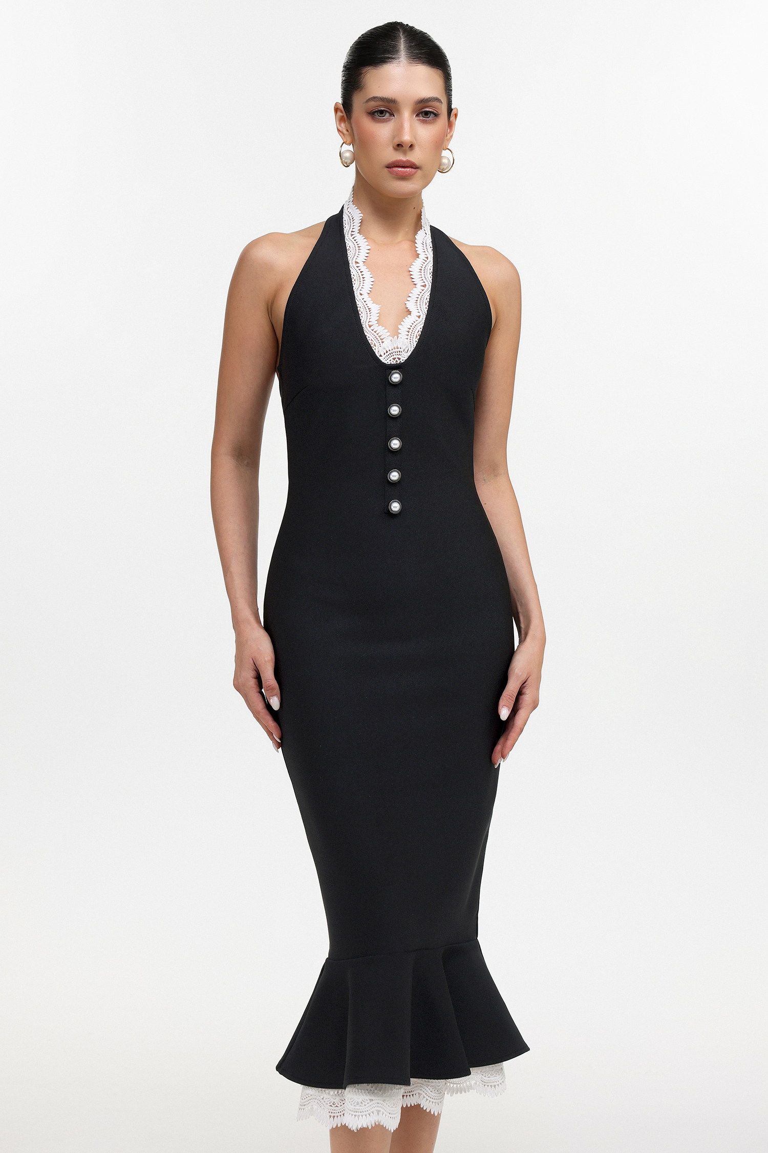 Miranda Romantic Contour Halter Button Front Lace Trim Bandage Midi Dress