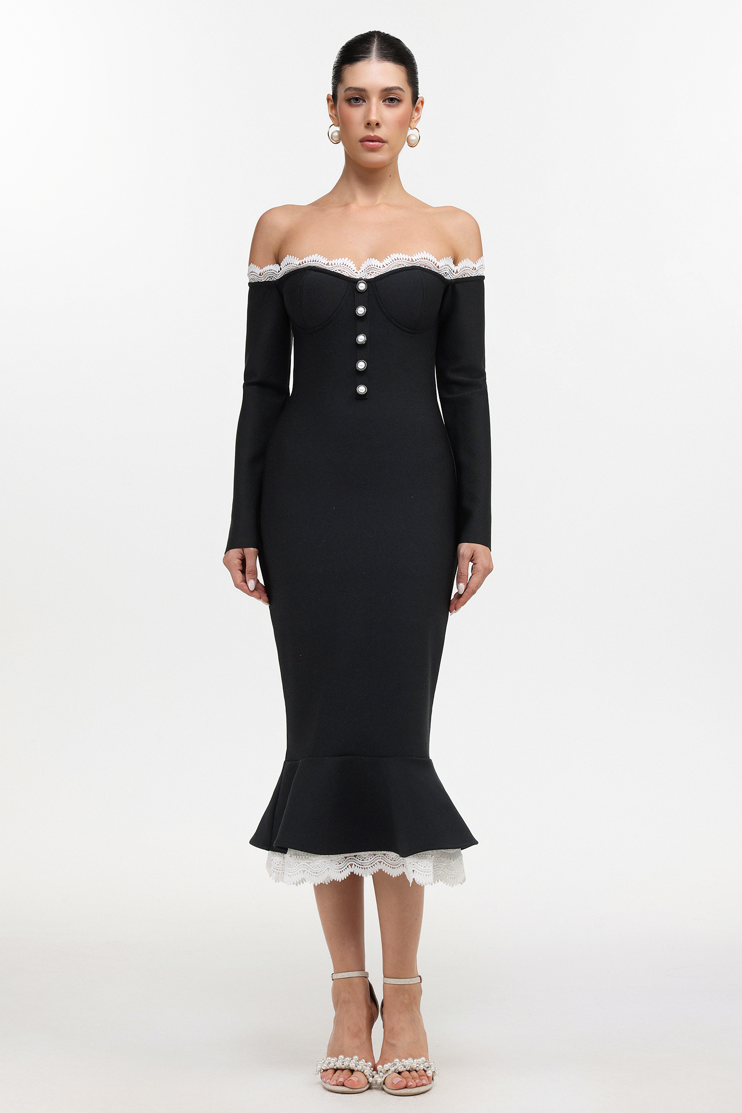 Lousia Romantic Contour Off Shoulder Button Front Lace Trim Bandage Midi Dress