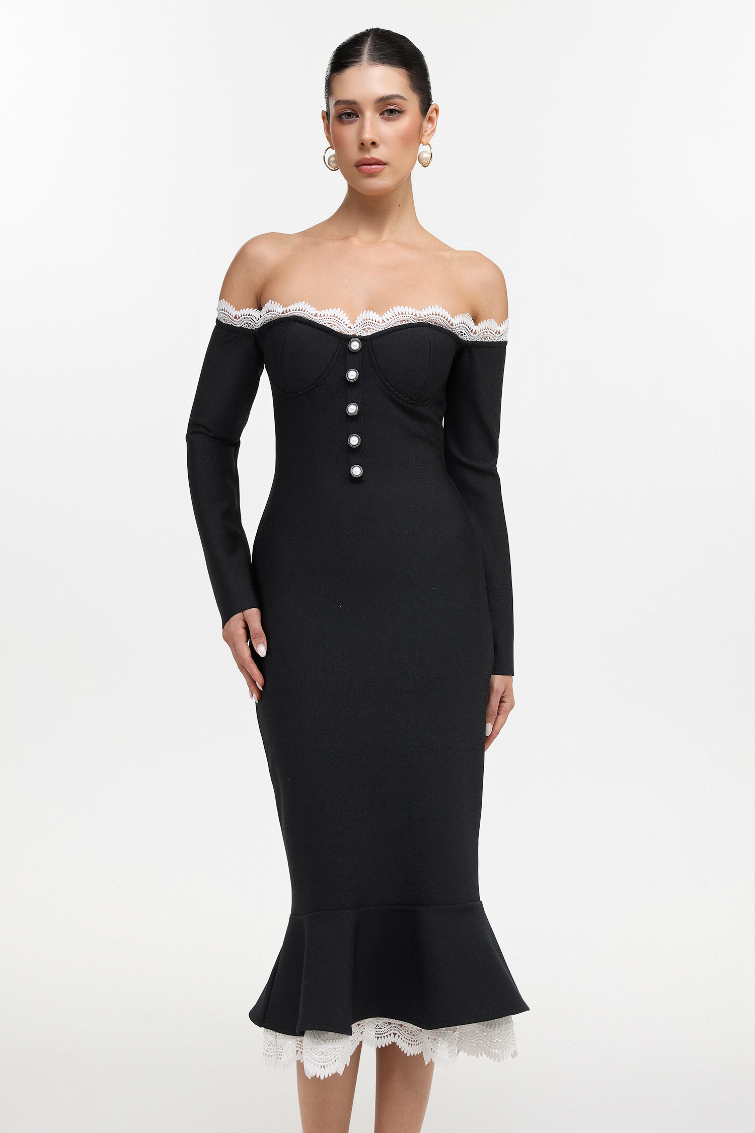 Lousia Romantic Contour Off Shoulder Button Front Lace Trim Bandage Midi Dress